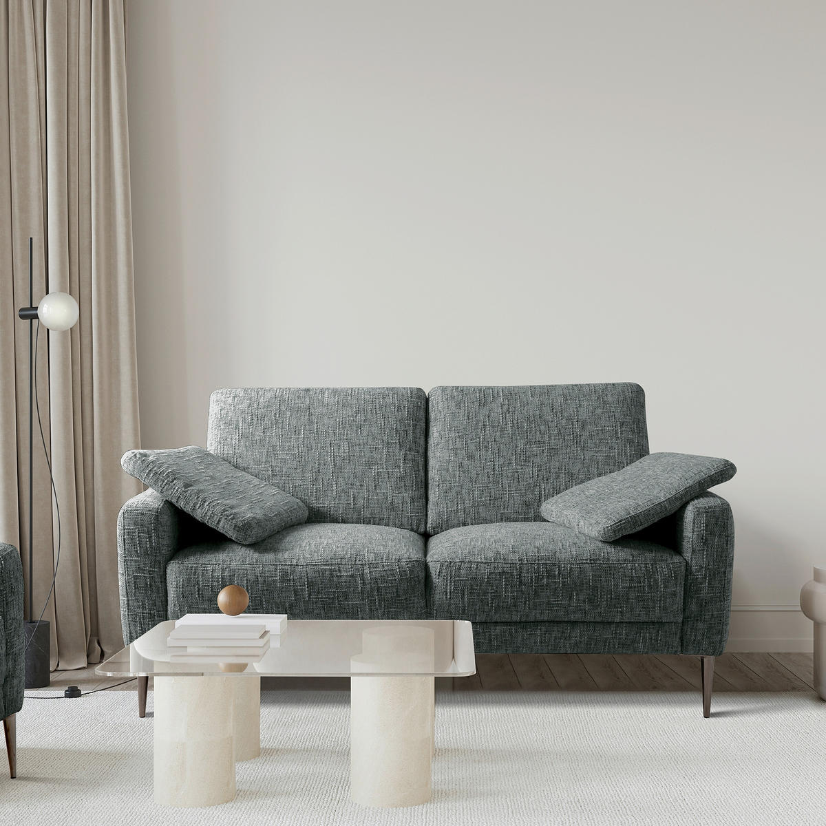 2-SITZER-SOFA Webstoff Anthrazit  - Anthrazit/Schwarzchrom, Design, Textil/Metall (157/85/92cm) - Livetastic