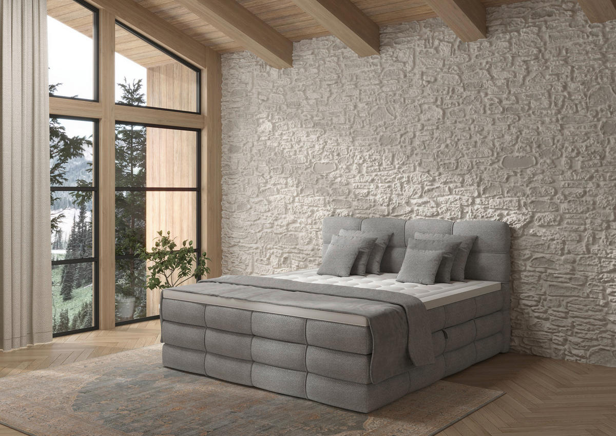 BOXSPRINGBETT 160/200 cm,  in Grau, gepolstertes Kopfteil, Bettkasten, Topper, Matratzen, H3 + H3 = fest  - Schwarz/Grau, Design, Kunststoff/Textil (160/200cm) - Chameo