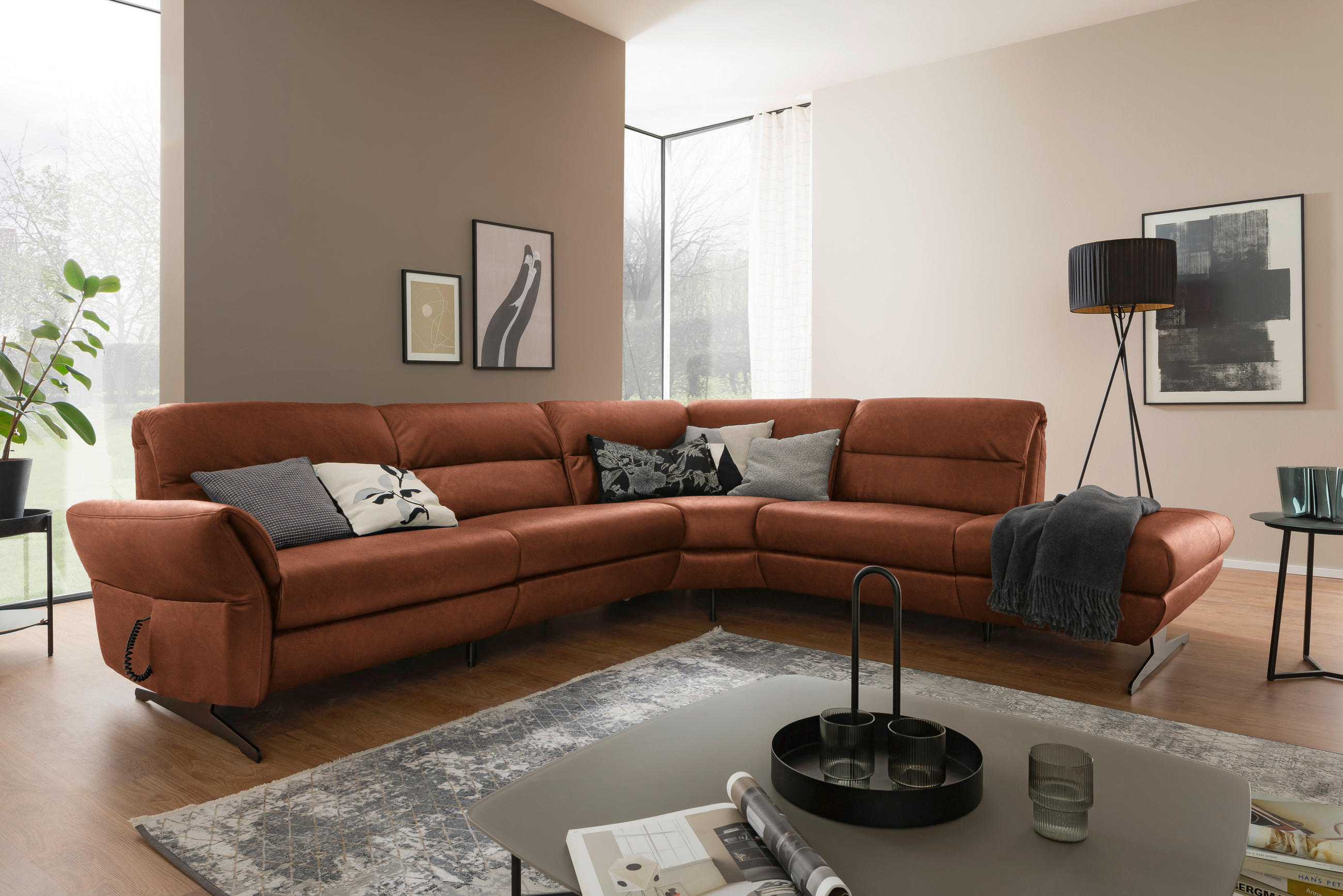 ECKSOFA Cognac Echtleder  - Cognac/Schwarz, Design, Leder/Metall (286/258cm) - Schöner Wohnen