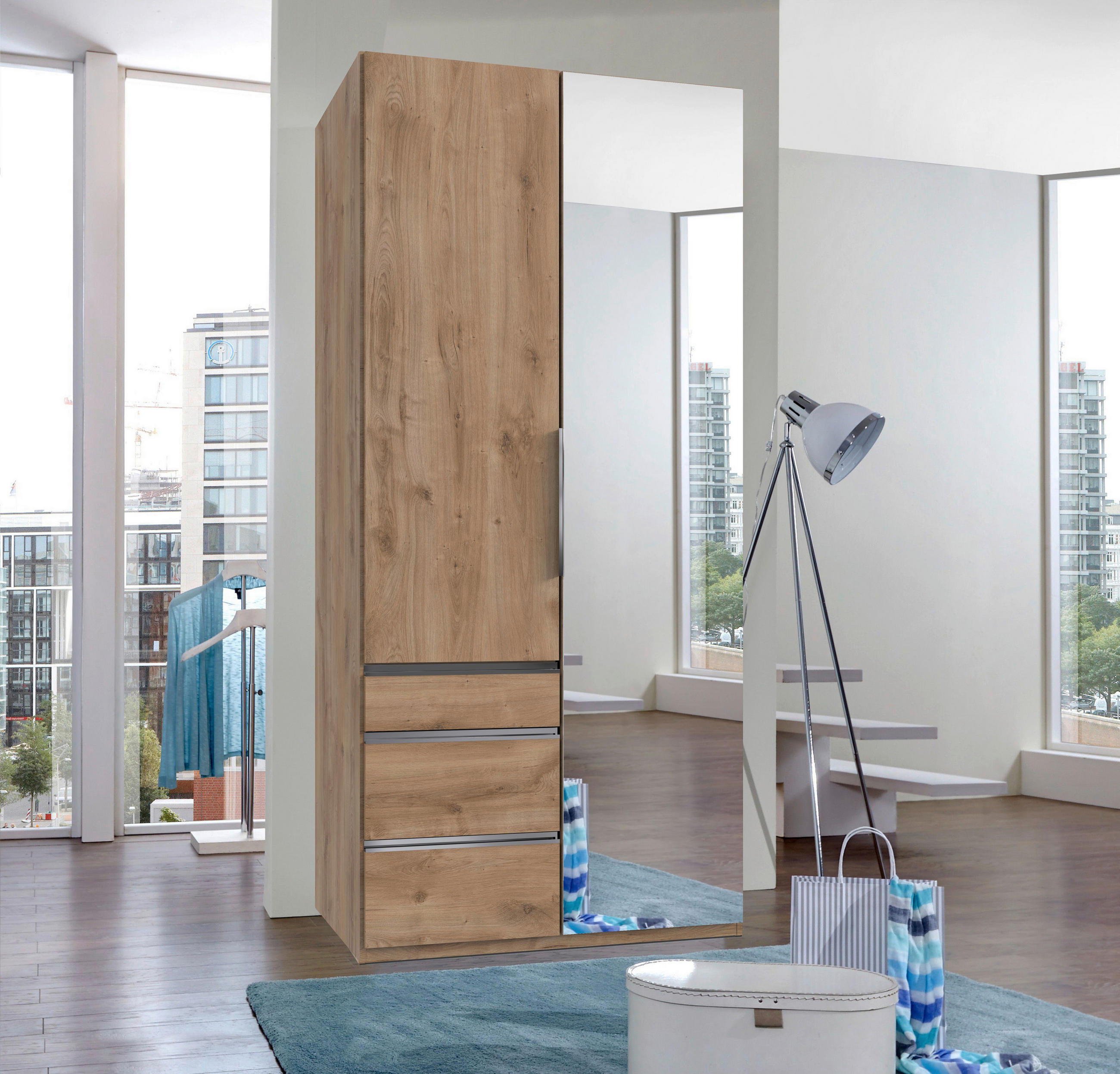 DREHTÜRENSCHRANK Plankeneiche  - Chromfarben/Plankeneiche, Konventionell, Glas/Holzwerkstoff (100/216/58cm) - MID.YOU