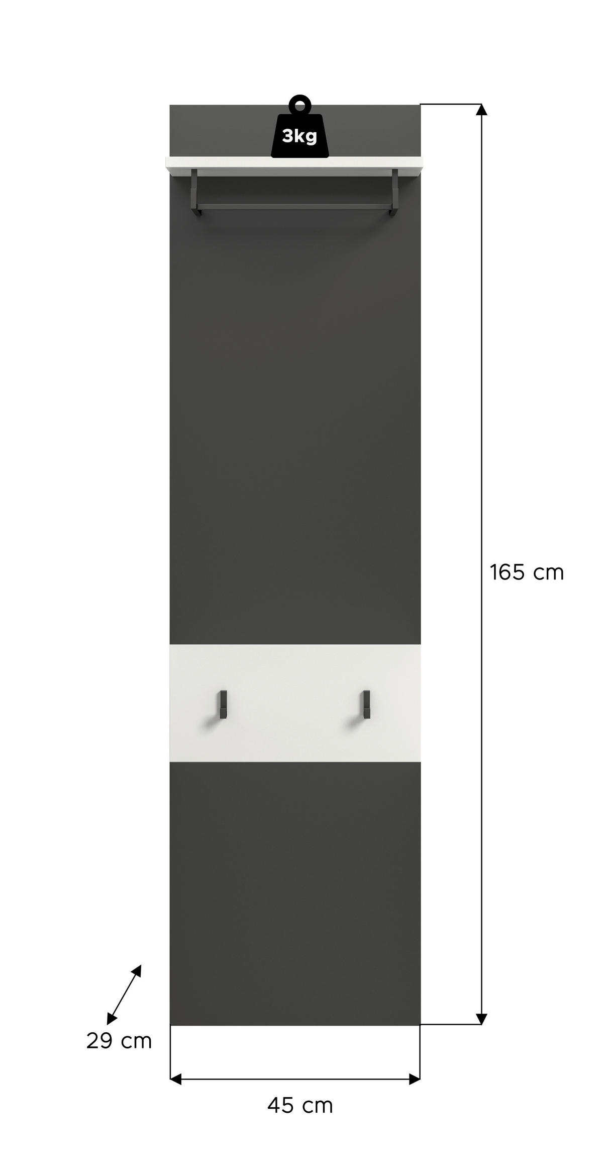 GARDEROBENPANEEL  in 45/165/29 cm  - Weiß/Grau, Design, Holzwerkstoff (45/165/29cm) - Livetastic