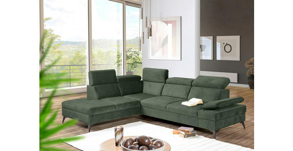 ECKSOFA Dunkelgrün Flachgewebe Rücken echt, Kopfteilverstellung, Sitzvorzug  - Dunkelgrün/Schwarz, MODERN, Textil/Metall (210/258cm) - Landscape