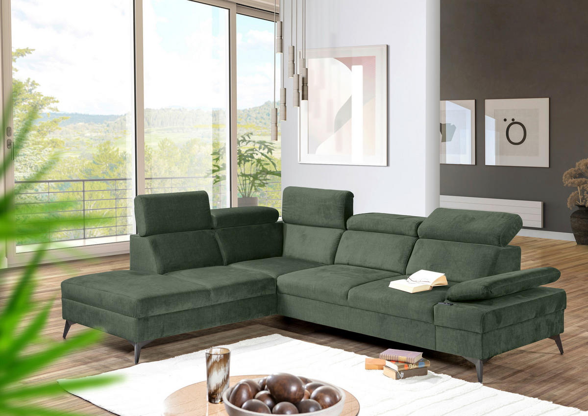 ECKSOFA Dunkelgrün Flachgewebe Rücken echt, Kopfteilverstellung, Sitzvorzug  - Dunkelgrün/Schwarz, MODERN, Textil/Metall (210/258cm) - Landscape
