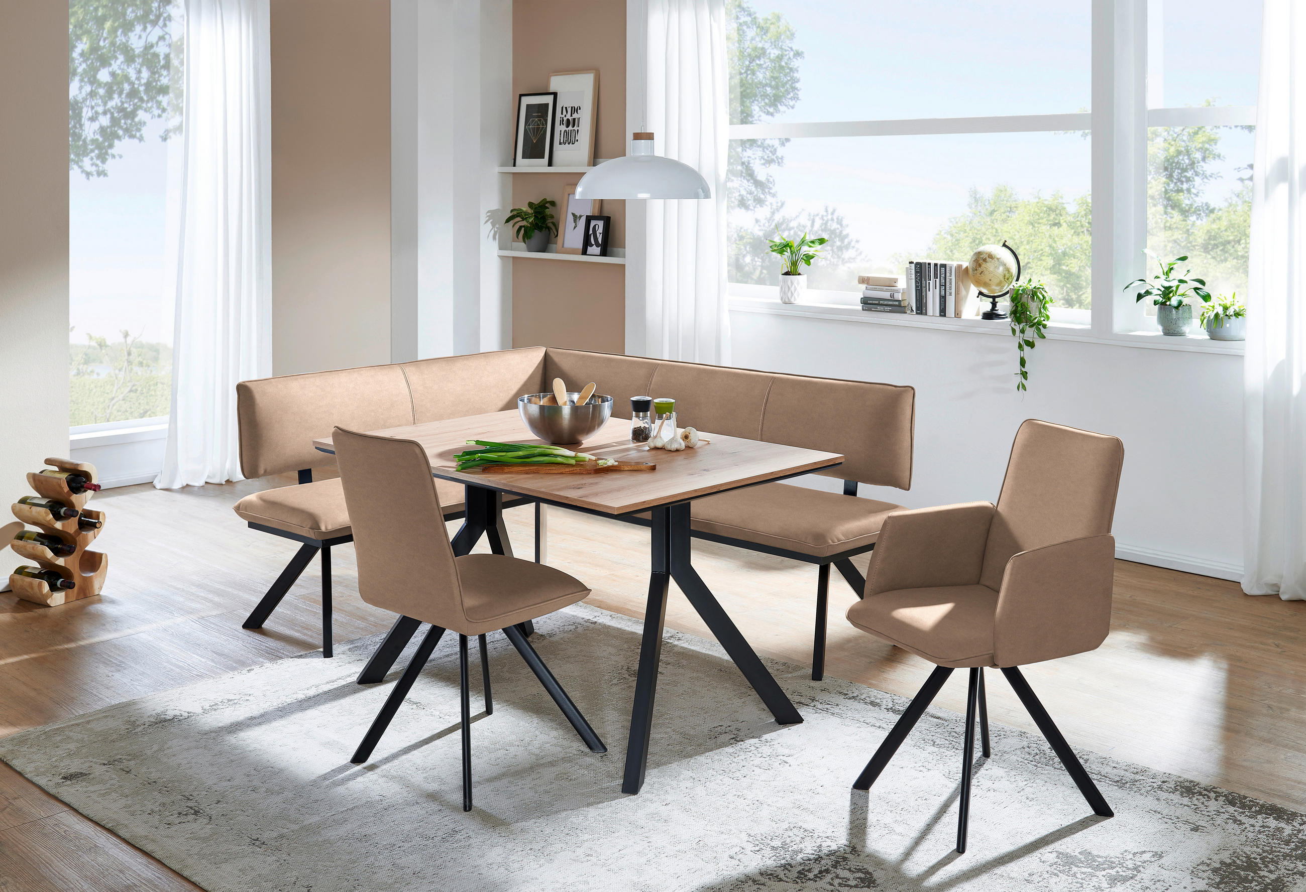 ECKBANK 150/190 cm in Schwarz, Beige - Beige/Schwarz, MODERN, Textil/Metall (150/190cm) - Cantus