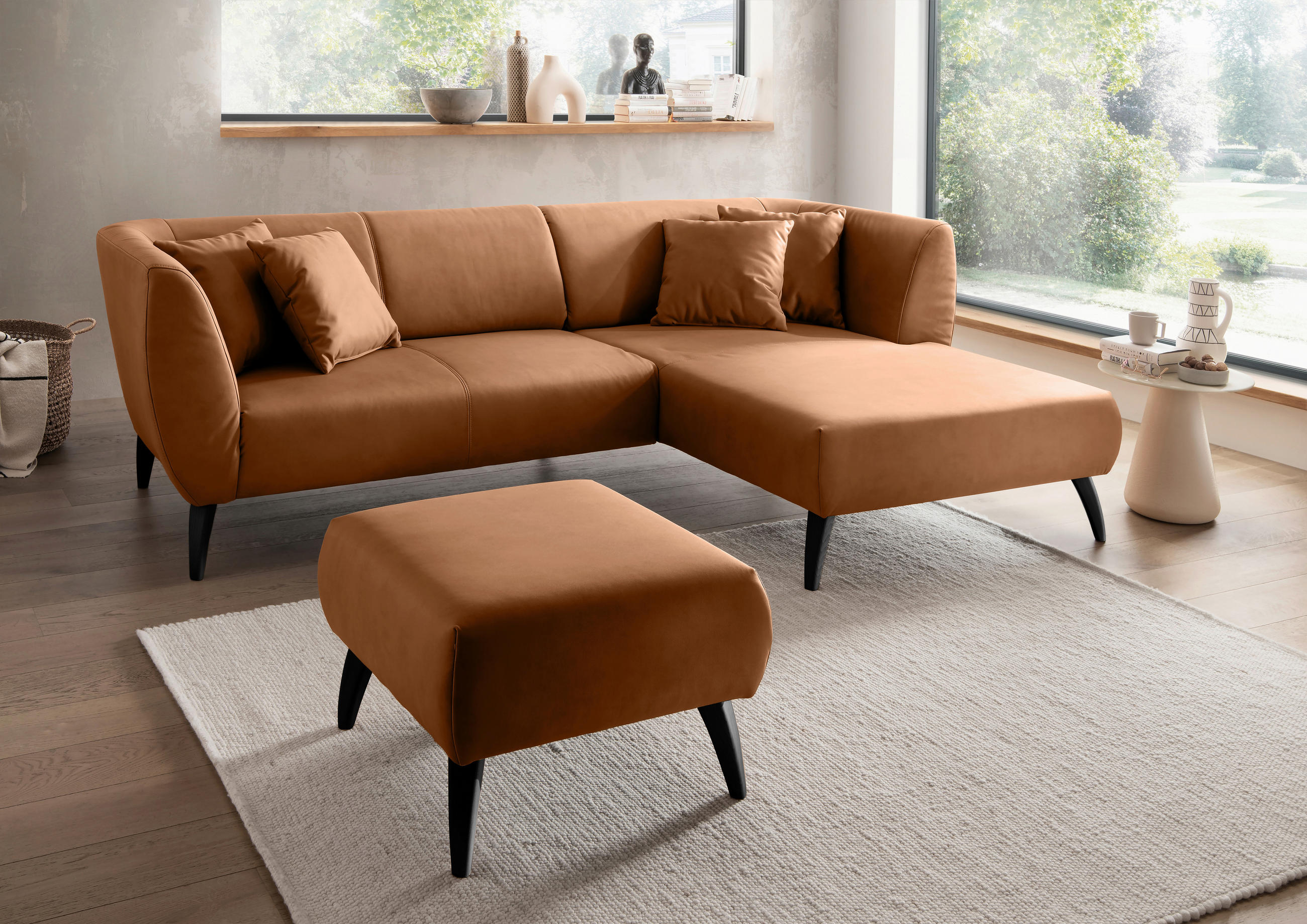 ECKSOFA in Lederlook Cognac - Cognac/Schwarz, Modern, Holz/Textil (264/160cm) - Livetastic