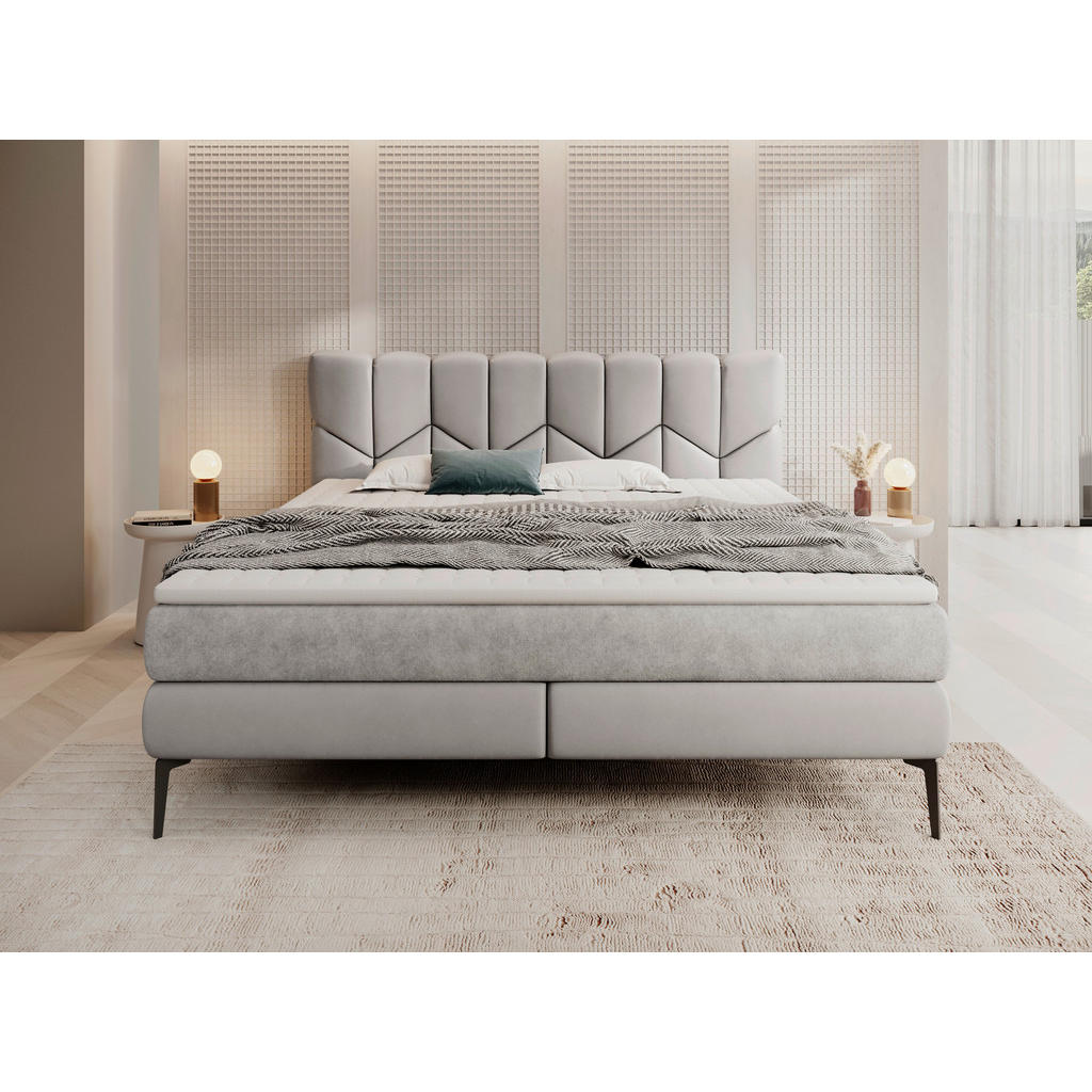 Thumbnail - Esposa Boxspringbett, Hellgrau, Textil, Kombination Echtleder/Stoff,Echtleder, Rindleder, H2 + H3, 7-Zonen, Höhe ca. 17,...