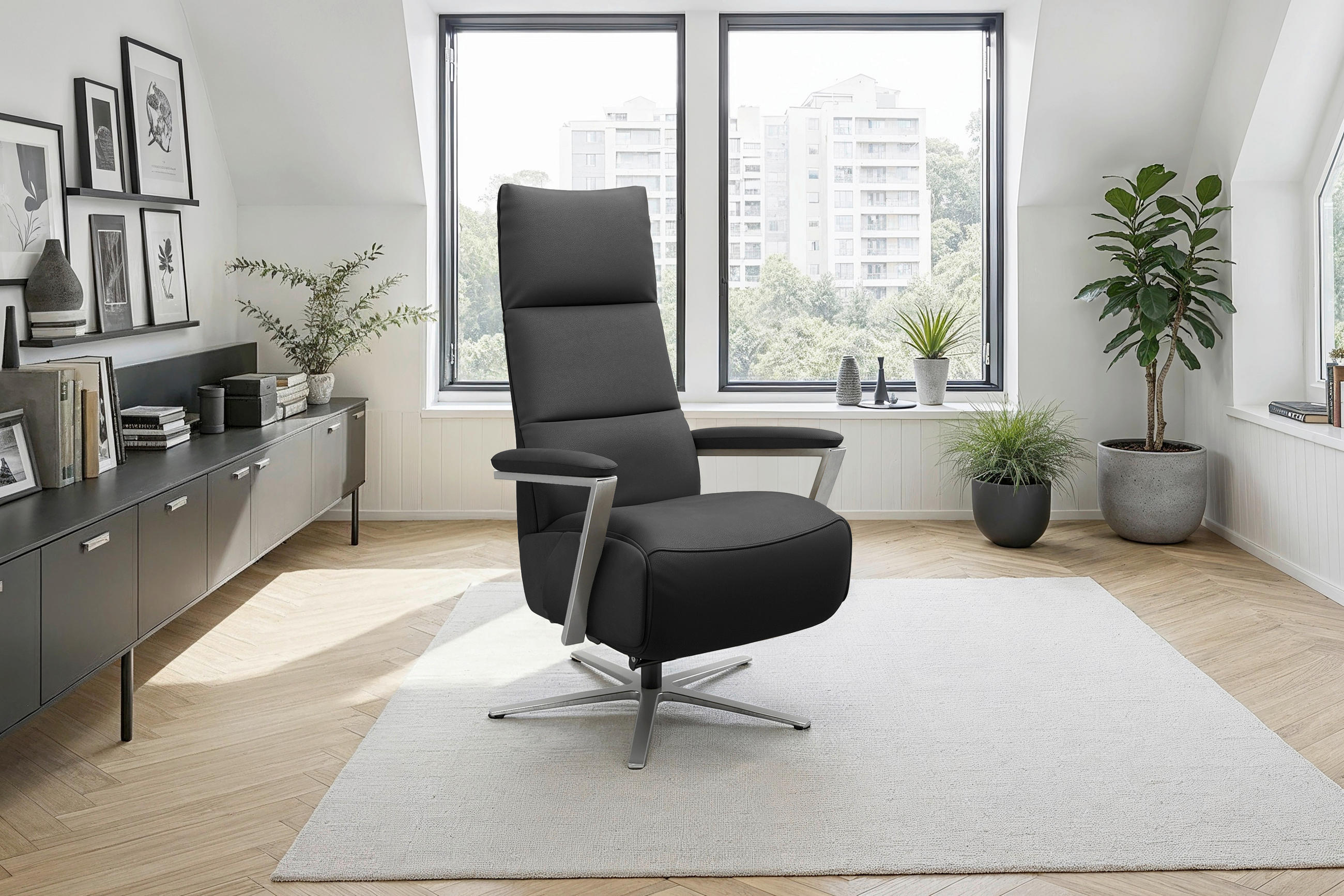 RELAXSESSEL TV VARIO COMFORT E M2 Echtleder Kopfteilverstellung, Rücken echt    - Silberfarben/Schwarz, Basics, Leder/Metall (70/126/85cm) - Sit & More