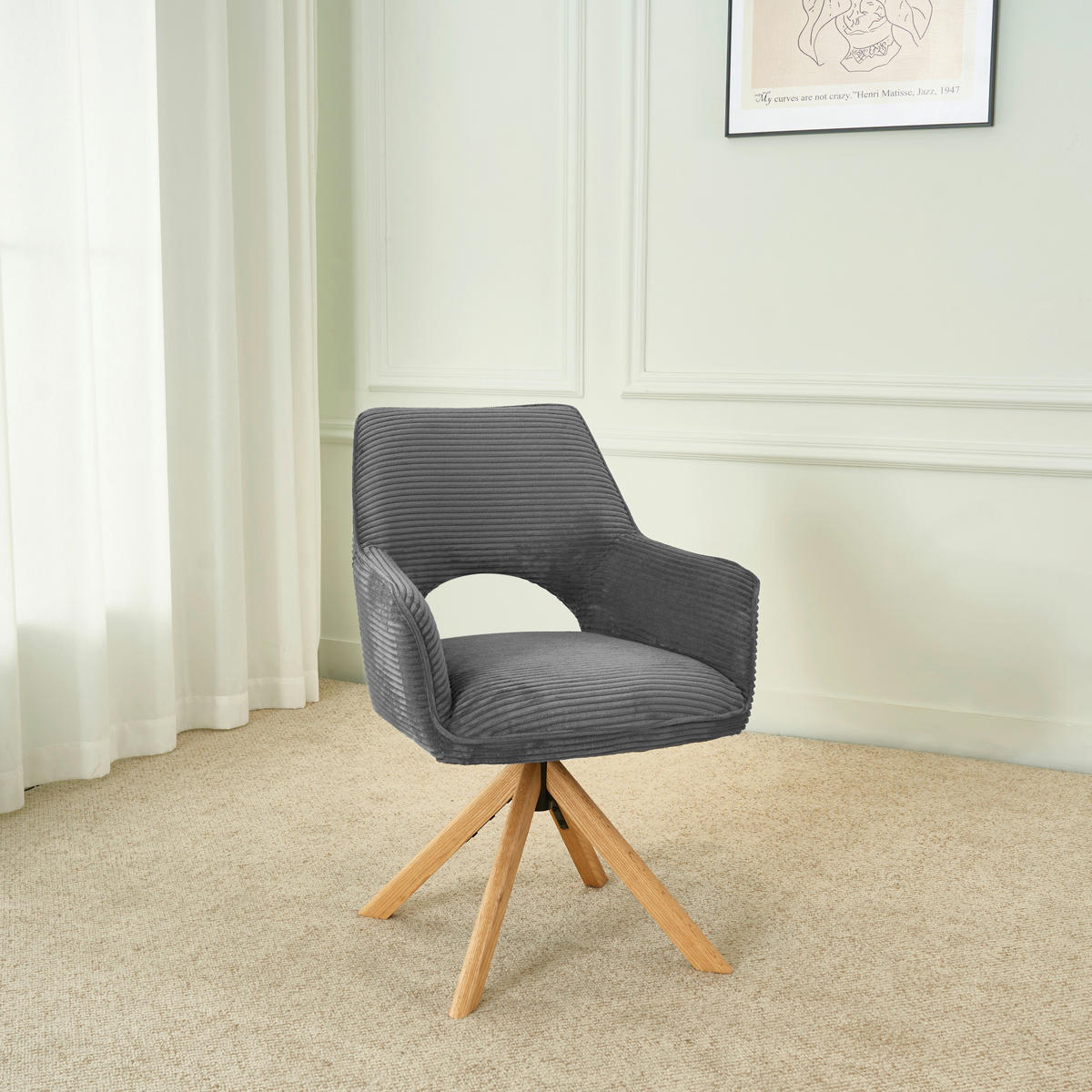 ARMLEHNSTUHL  Sitzfläche 360° drehbar, inklusive Armlehnen Cord  - Eichefarben/Dunkelgrau, Design, Holz/Textil (60/85/63cm) - Hom`in