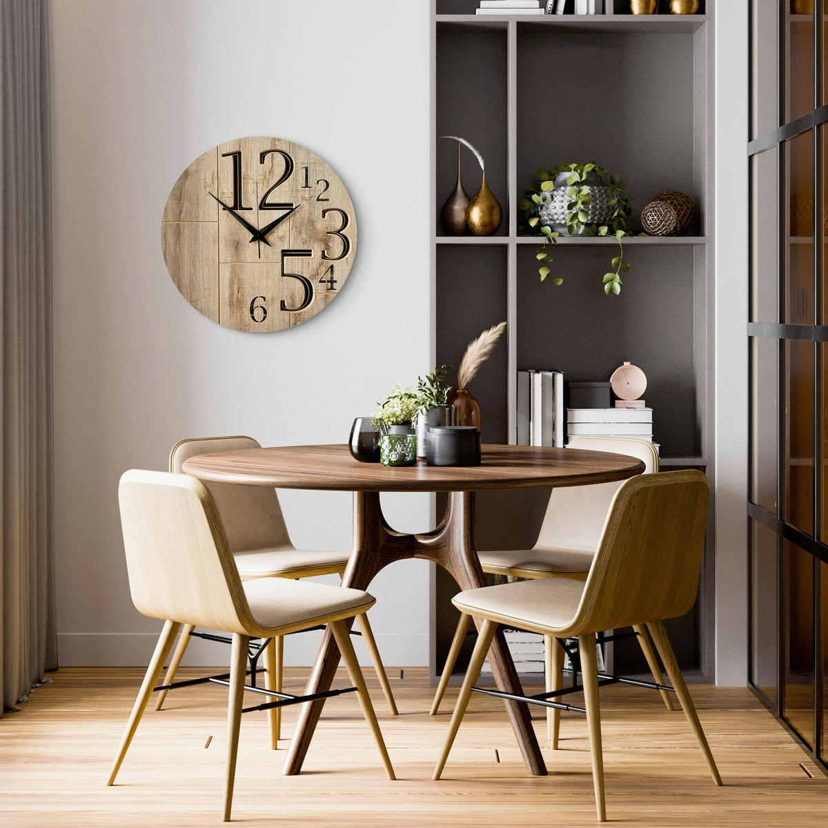 WANDUHR - Schwarz, Eichefarben  - Eichefarben/Schwarz, Basics, Holz/Kunststoff (57cm)