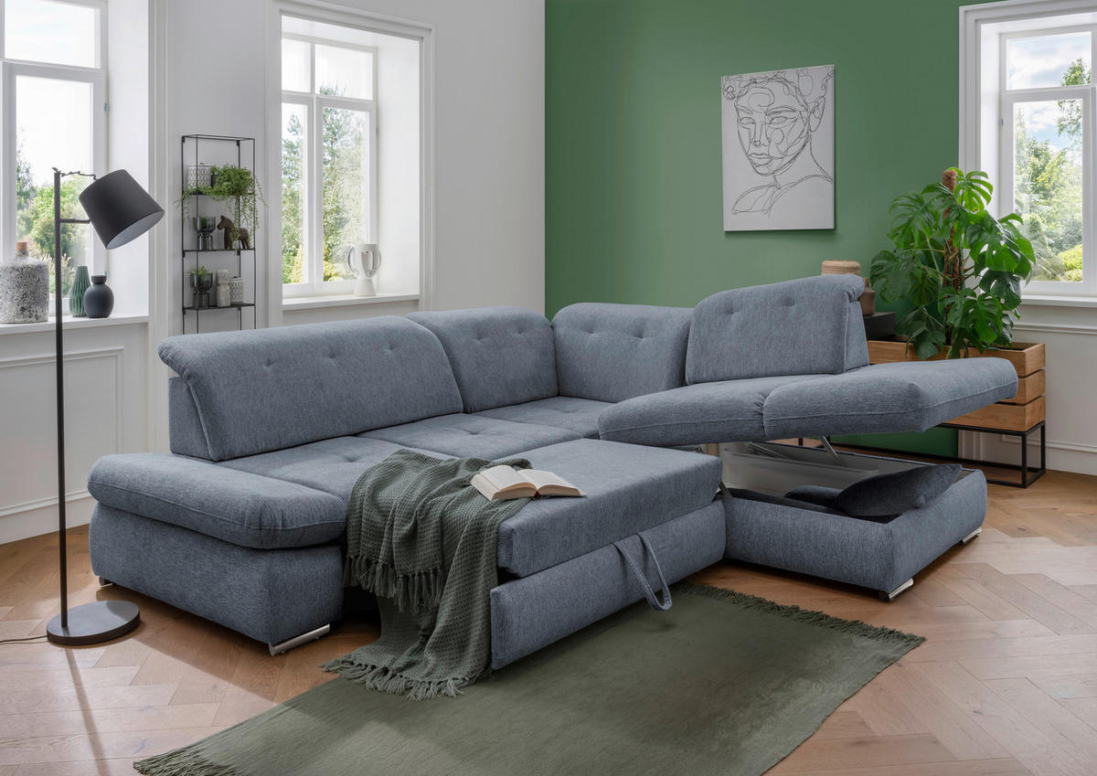ECKSOFA Blau Chenille  - Chromfarben/Blau, Design, Textil/Metall (280/254cm) - Livetastic