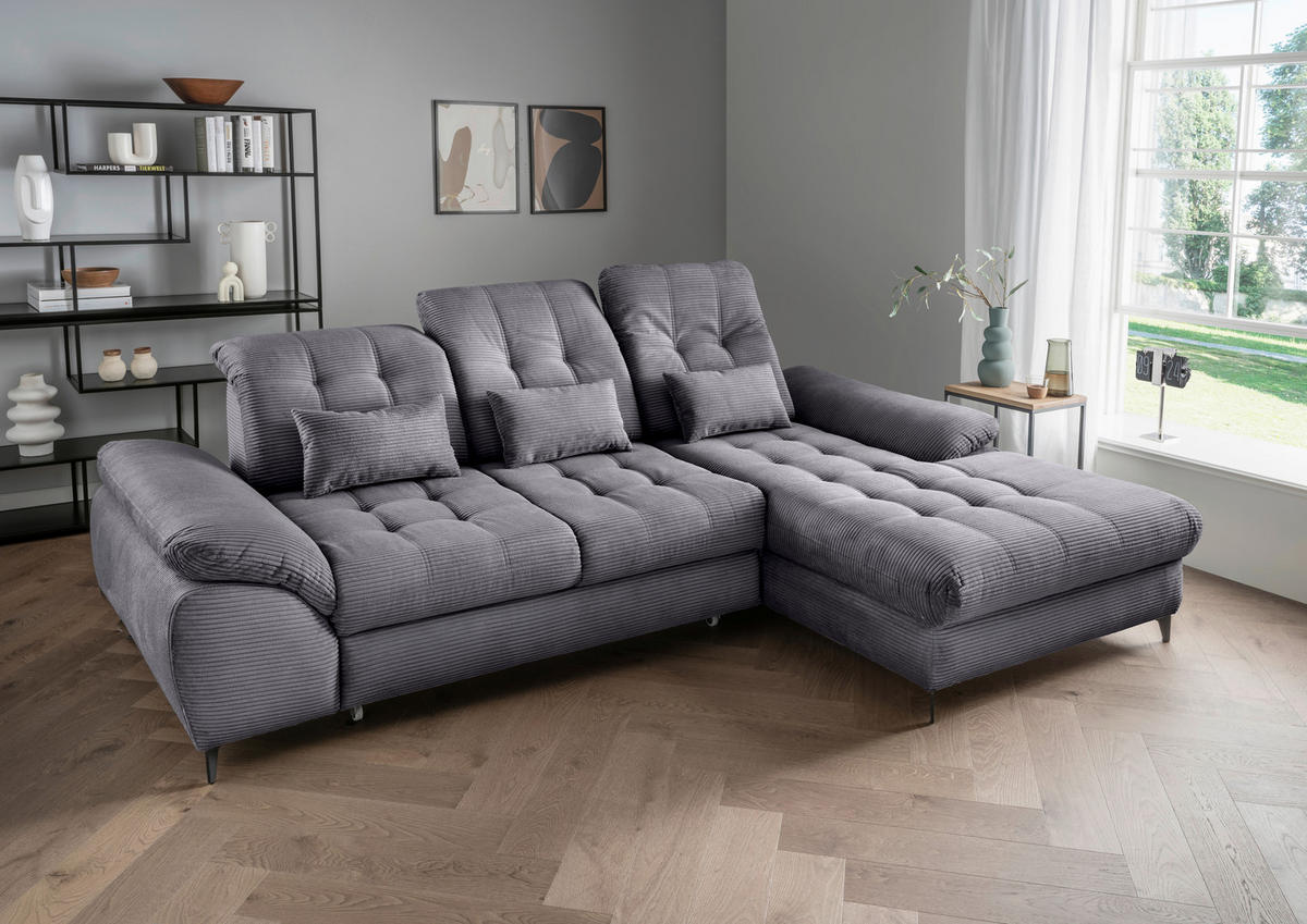 ECKSCHLAFSOFA in Cord Grau  - Schwarz/Grau, Modern, Textil/Metall (273/189cm) - Livetastic