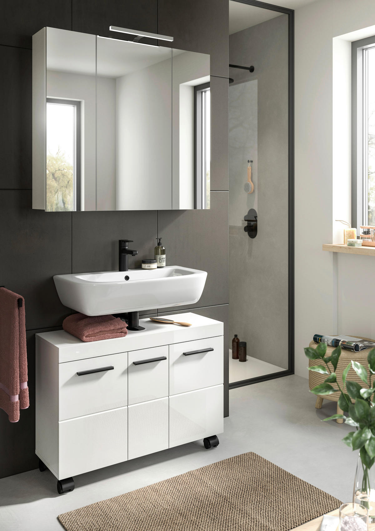 BADEZIMMER 2-teilig  in 82 cm  - Weiß Hochglanz/Schwarz, Trend, Glas/Holzwerkstoff (82cm) - MID.YOU