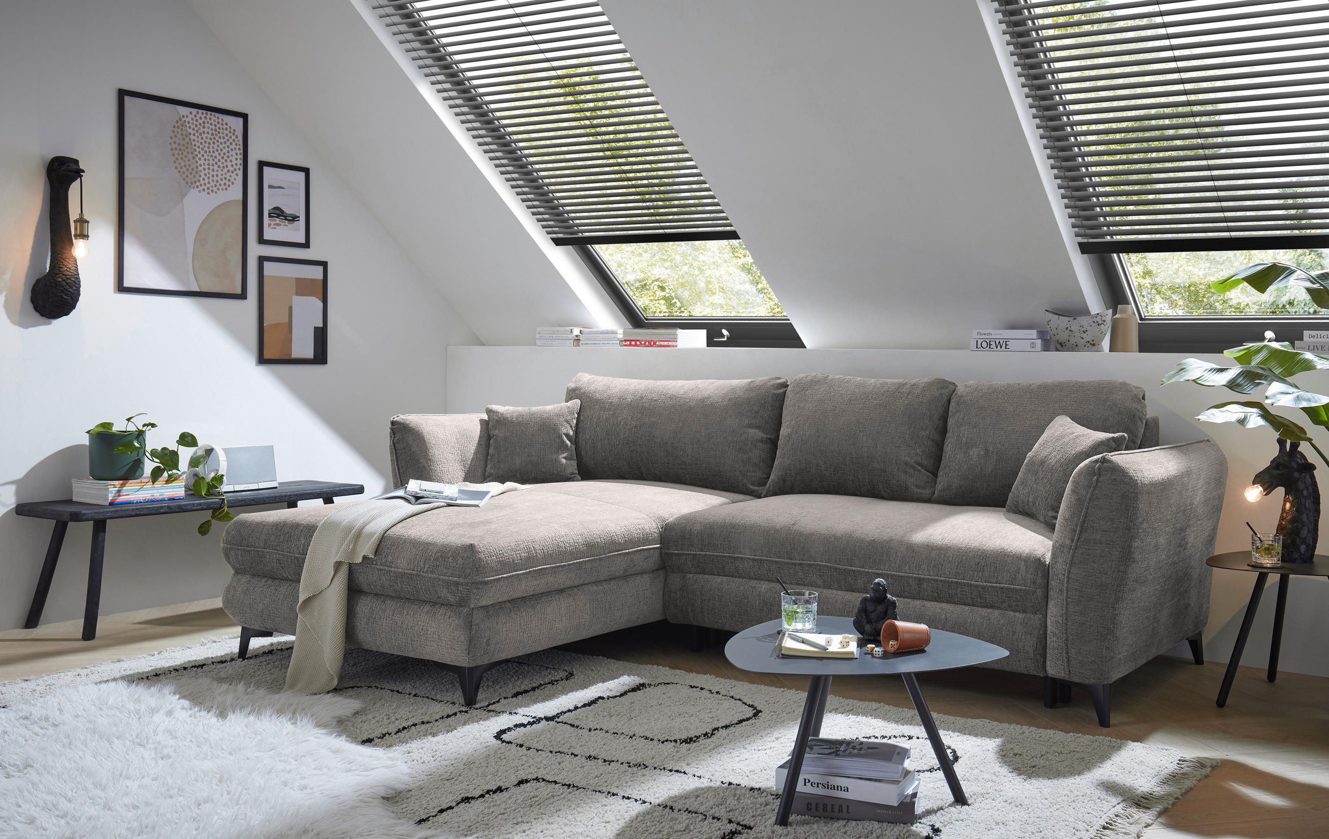 HÖRNBÄDDSOFFA 3-sits i chenille gråbrun  - gråbrun/svart, Basics, textil/plast (286/192cm) - Livetastic