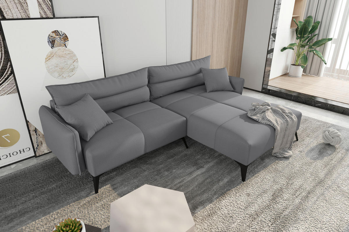 ECKSOFA in Cord Grau  253/180 cm  - Schwarz/Grau, KONVENTIONELL, Textil/Metall (253/180cm) - Carryhome