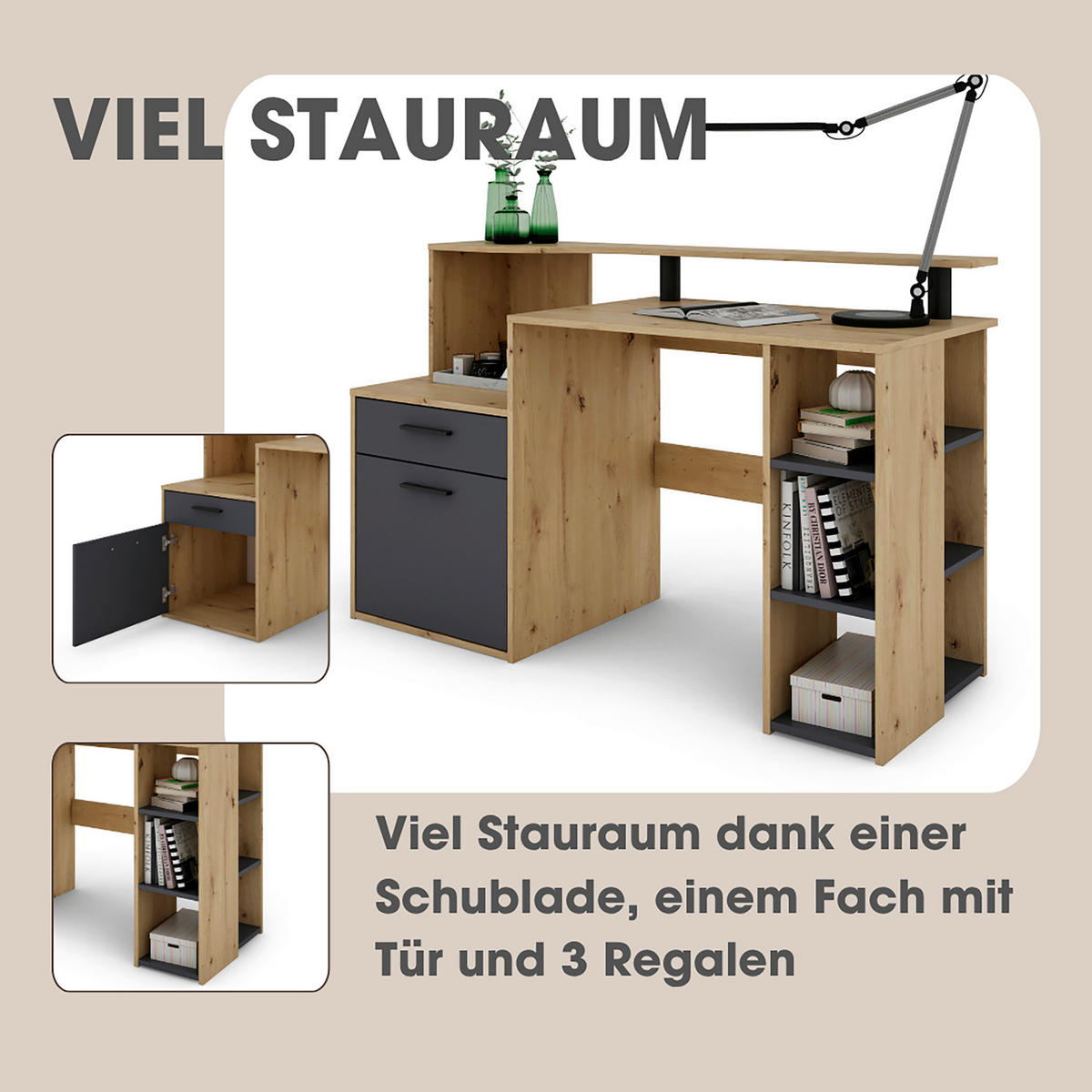 SCHREIBTISCH 140/55/89 cm  in Anthrazit, Eiche Artisan  - Anthrazit/Schwarz, MODERN, Holzwerkstoff/Kunststoff (140/55/89cm) - MID.YOU