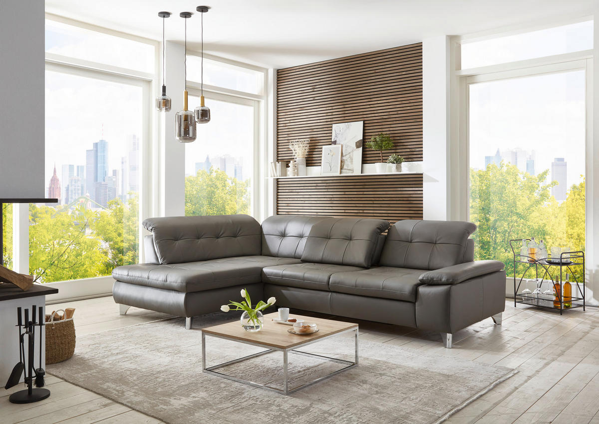 ECKSOFA in Echtleder Grau  - Grau, Basics, Leder/Metall (211/309cm) - Beldomo Speed
