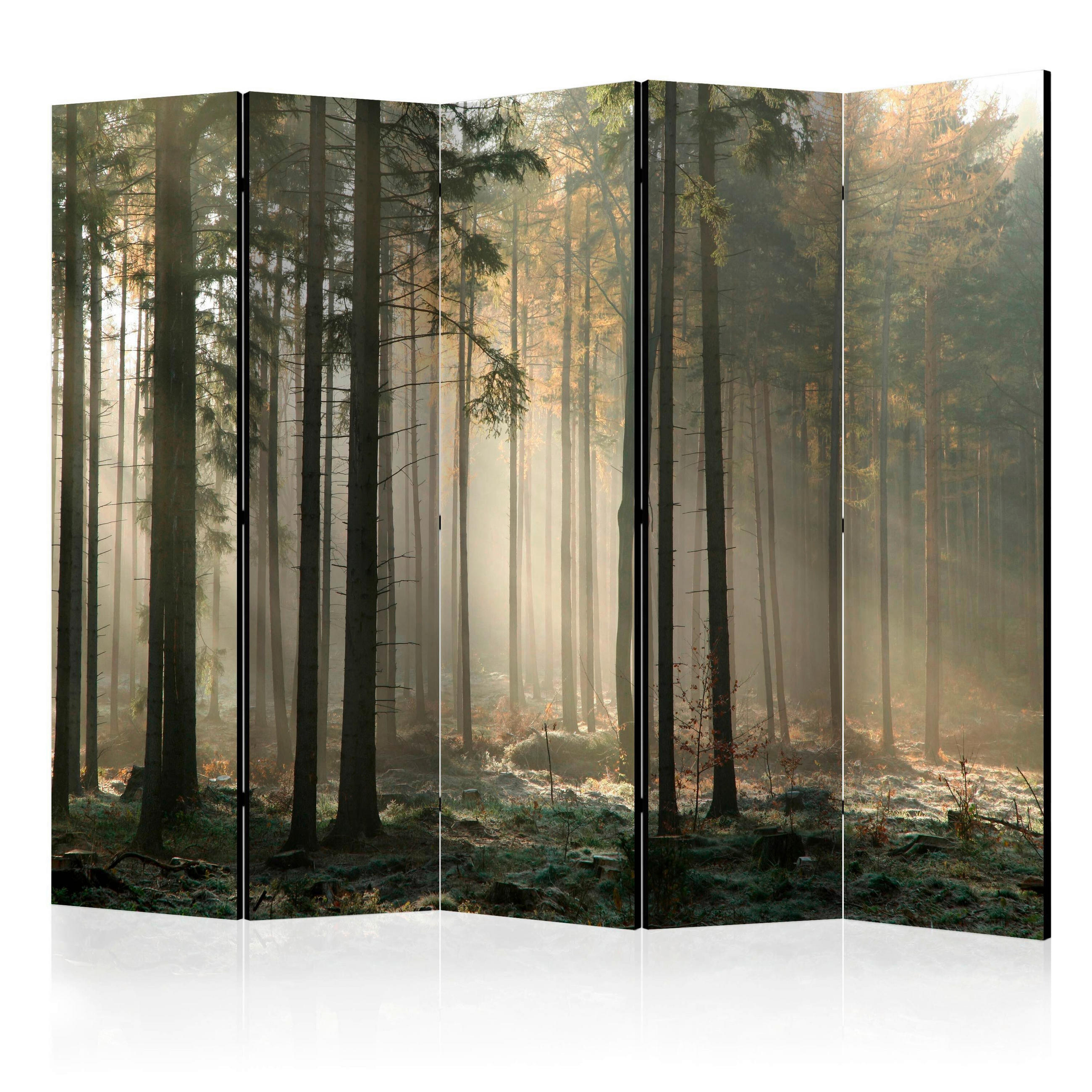 PARAVENT mit 5  Flügel - Waldgrün/Braun, Basics, Holz/Textil (225/172/3cm) - artgeist