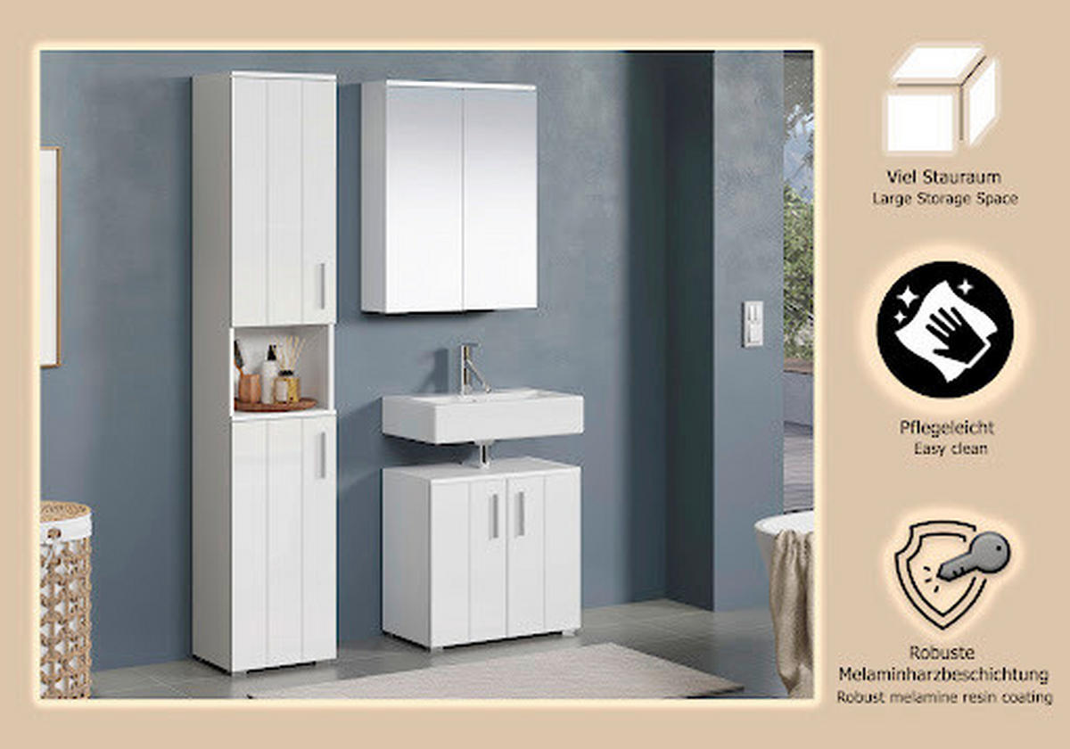 BADEZIMMER 3-teilig  in  - Weiß Hochglanz/Silberfarben, Trend, Holzwerkstoff/Kunststoff (112/192/32cm) - MID.YOU