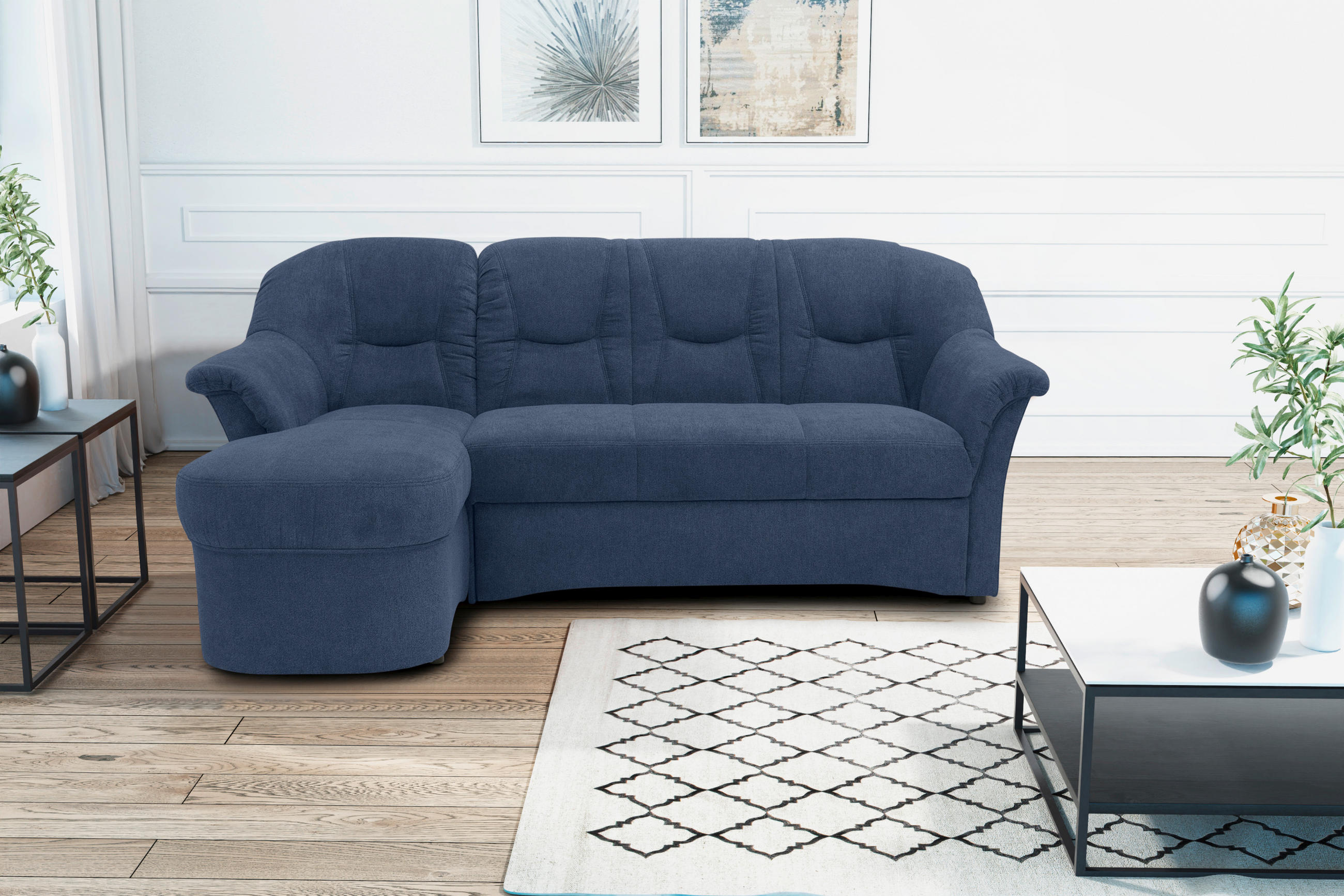 Thumbnail - Mid.you Ecksofa, Dunkelblau, Textil, Uni, 3-Sitzer, L-Form, 232x146 cm, Made in EU, FSC Mix, Schlafen auf Sitzhöhe, Rück...