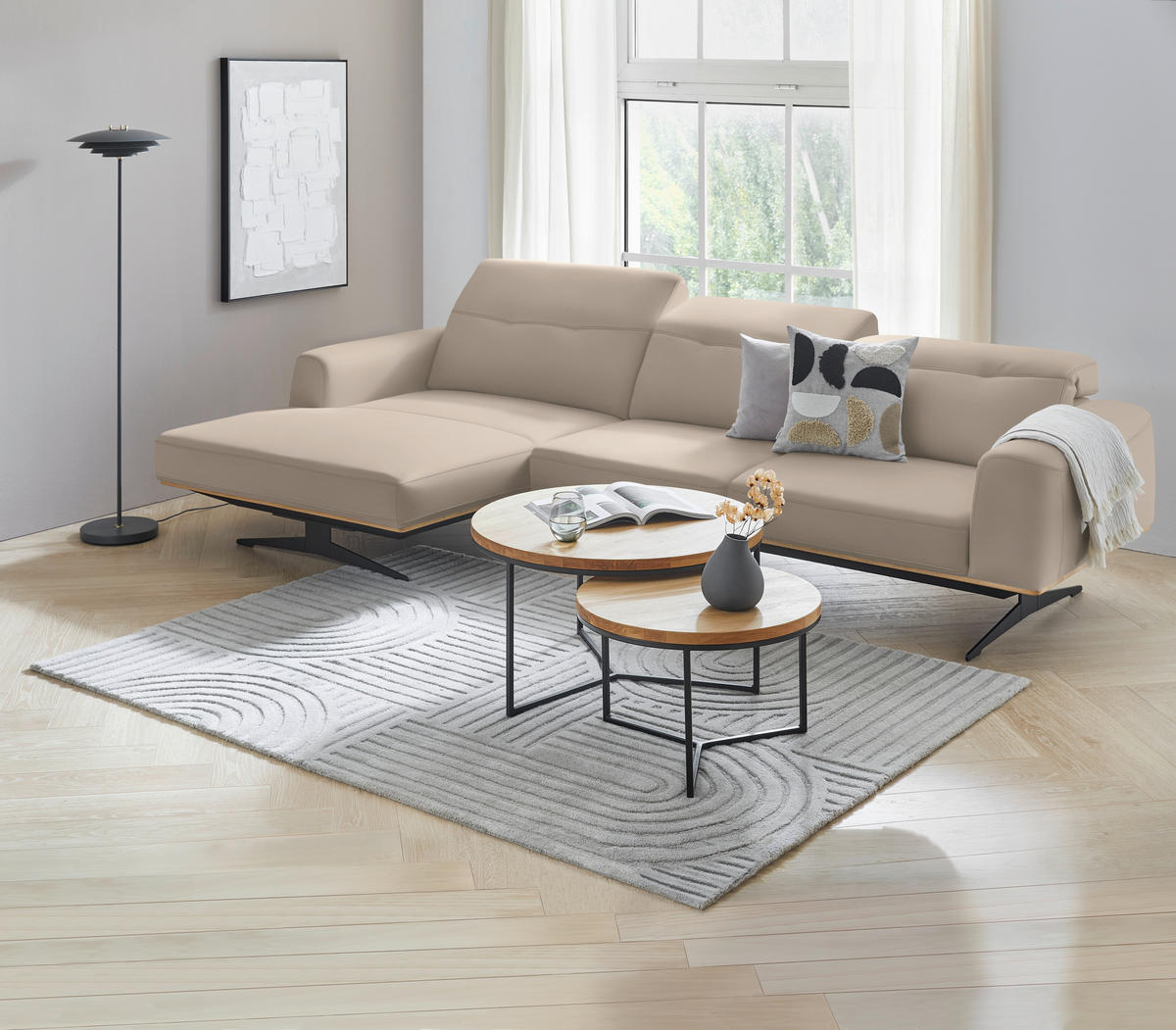 ECKSOFA in Echtleder Beige  163/305 cm  - Eichefarben/Beige, Design, Leder/Holz (163/305cm) - Novel