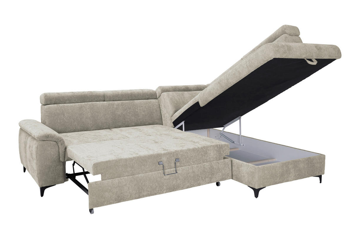ECKSOFA Naturfarben Chenille Bettkasten, Schlaffunktion, Rücken echt, Kopfteilverstellung, Liegefläche im Originalstoff  - Schwarz/Naturfarben, KONVENTIONELL, Textil/Metall (265/206cm) - Carryhome