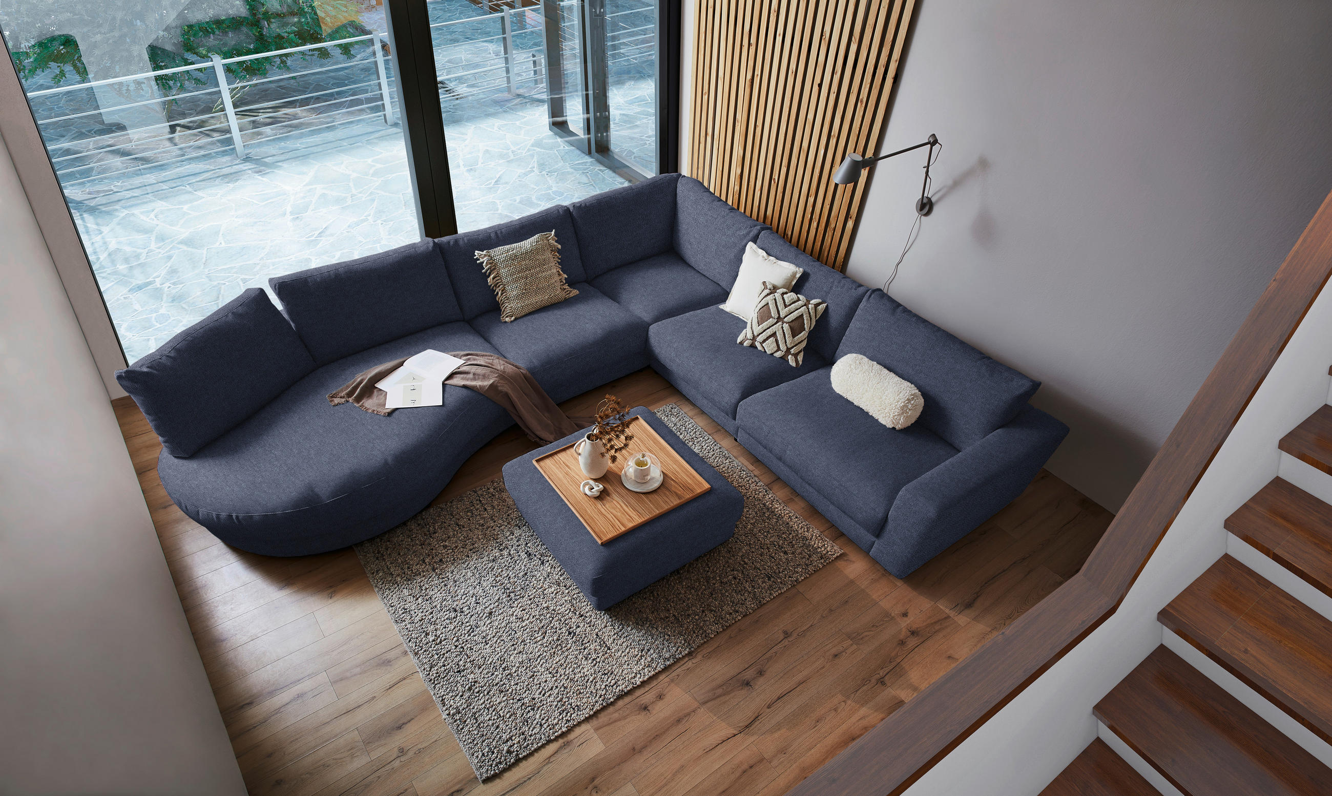 ECKSOFA in Flachgewebe Dunkelblau  - Schwarz/Dunkelblau, Design, Kunststoff/Textil (425/365cm) - Lomoco