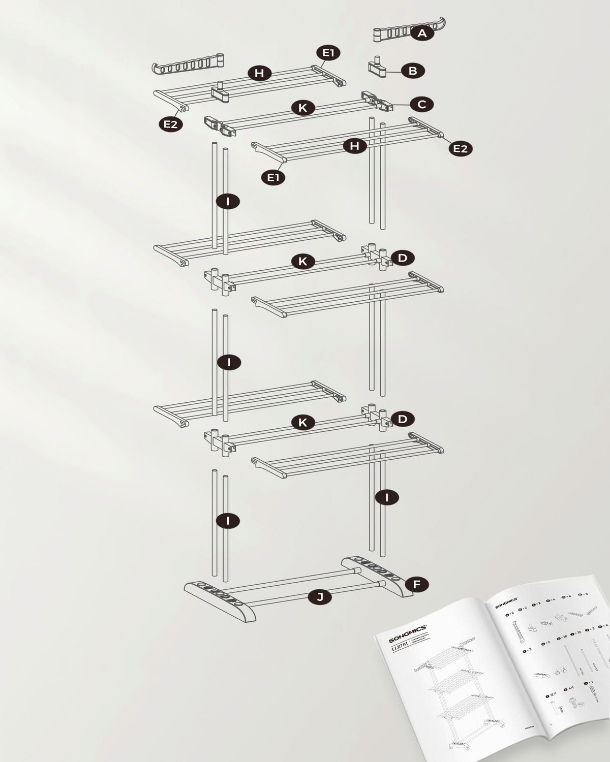 SUŠIAK NA BIELIZEŇ - sivá, Basics, kov/plast (76/173/49cm)