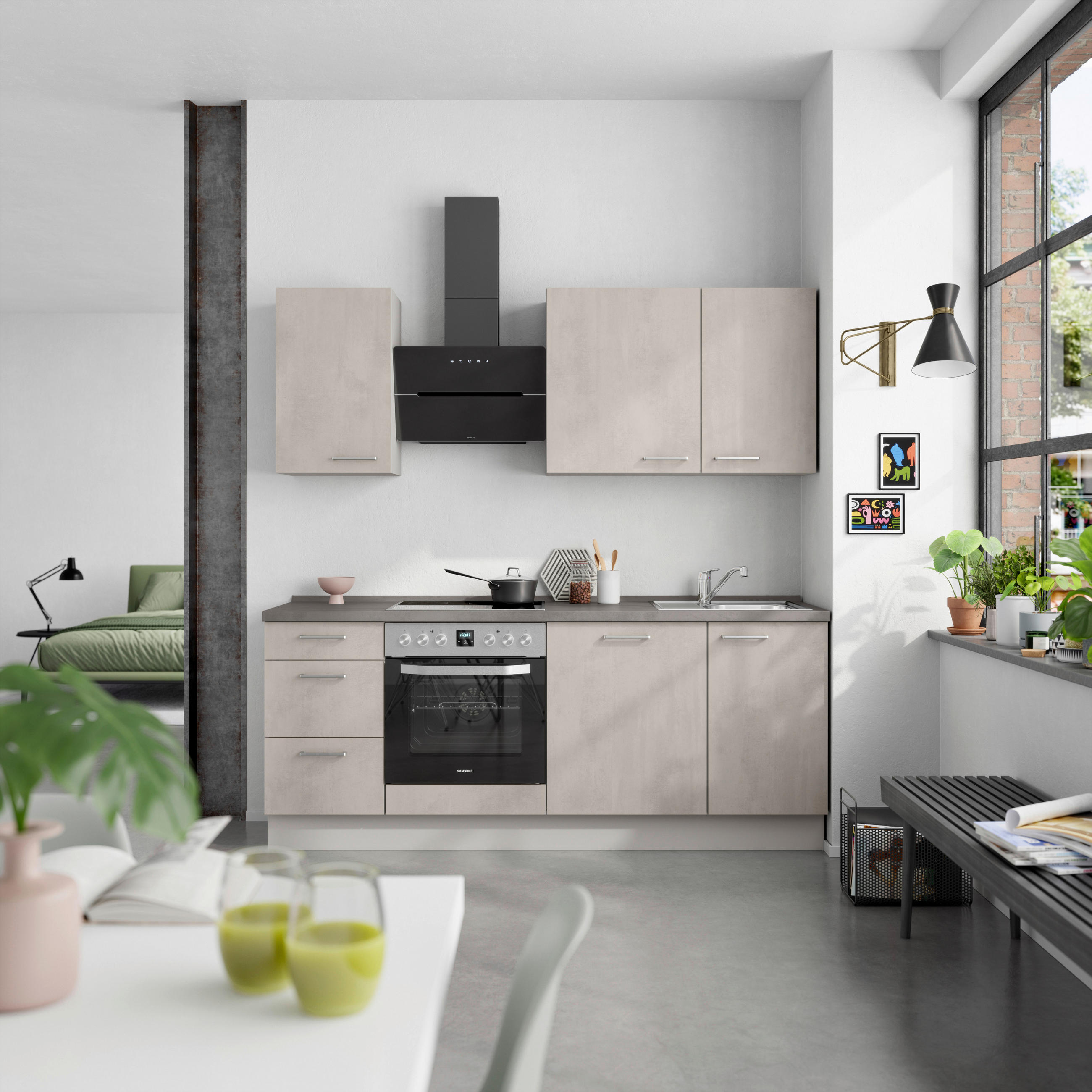KÜCHENBLOCK Riva 210 cm  in Grau, Schieferfarben  - Schieferfarben/Edelstahlfarben, MODERN, Holzwerkstoff/Metall (210cm) - Nobilia