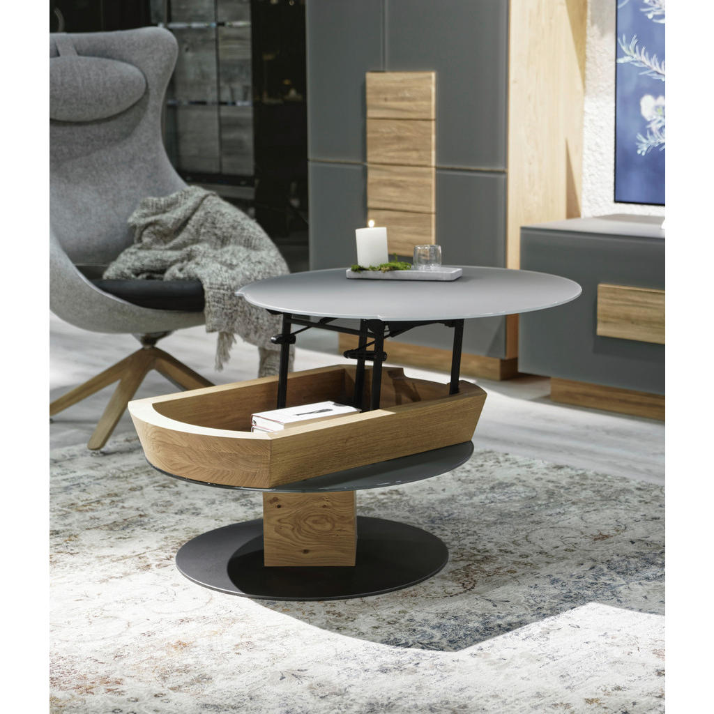 Thumbnail - Voglauer Couchtisch, Alteiche, Holz, Glas, Stein, Eiche, furniert, rechteckig, Säule, Bodenplatte, 80x38-58x80 cm, Golde...