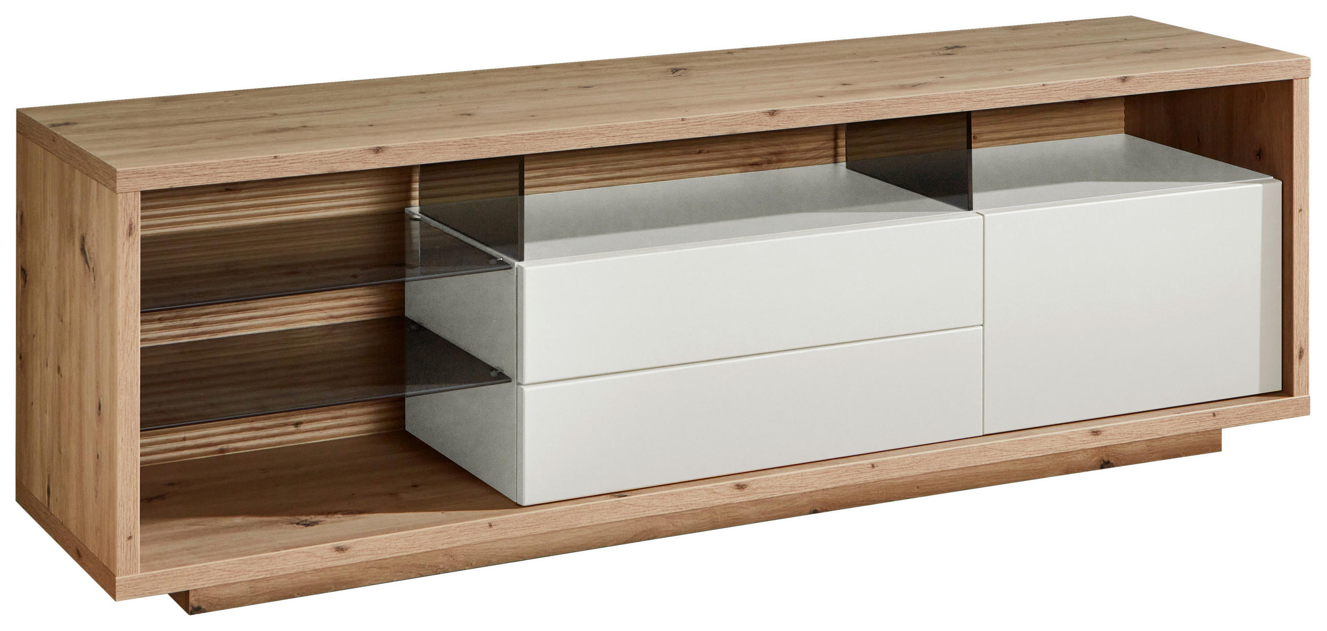 LOWBOARD Weiss, Eiche Artisan  173/54,6/42 cm  - Weiss/Eiche Artisan, Design, Glas/Holzwerkstoff (173/54,6/42cm) - Stylife
