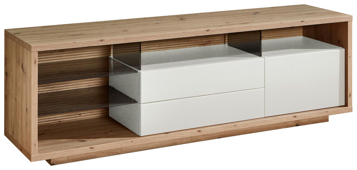 LOWBOARD Weiss, Eiche Artisan  173/54,6/42 cm  - Weiss/Eiche Artisan, Design, Glas/Holzwerkstoff (173/54,6/42cm) - Stylife