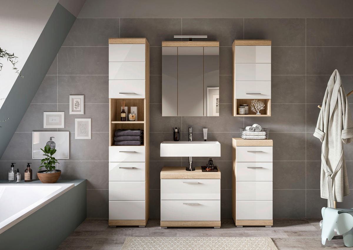 BADEZIMMER 5-teilig  in 134 cm  - Weiß Hochglanz/Silberfarben, MODERN, Glas/Holzwerkstoff (134cm) - MID.YOU