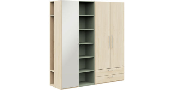 KLEIDERSCHRANK 3-türig Eichefarben, Salbeigrün  - Edelstahlfarben/Eichefarben, Design, Glas/Holzwerkstoff (202,6/213,6/59,3cm) - Cantus