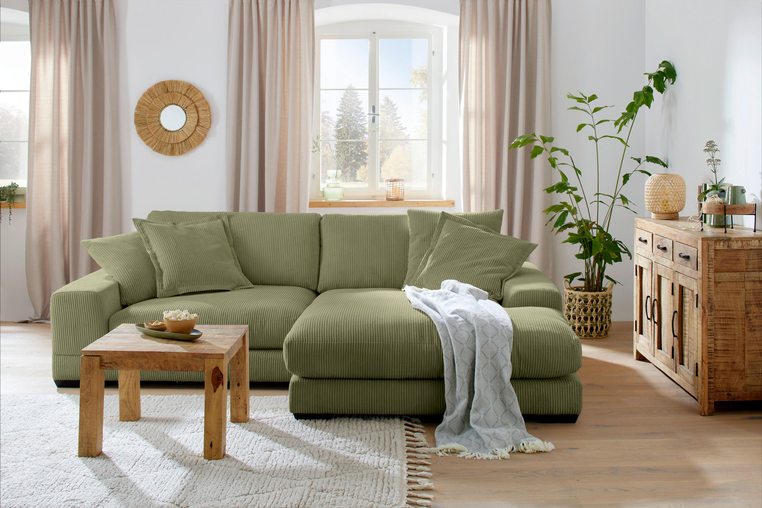 HÖRNSOFFA i manchester grön  - beige/vit, Romantik / Lanthus, trä/textil (280/190cm) - MID.YOU