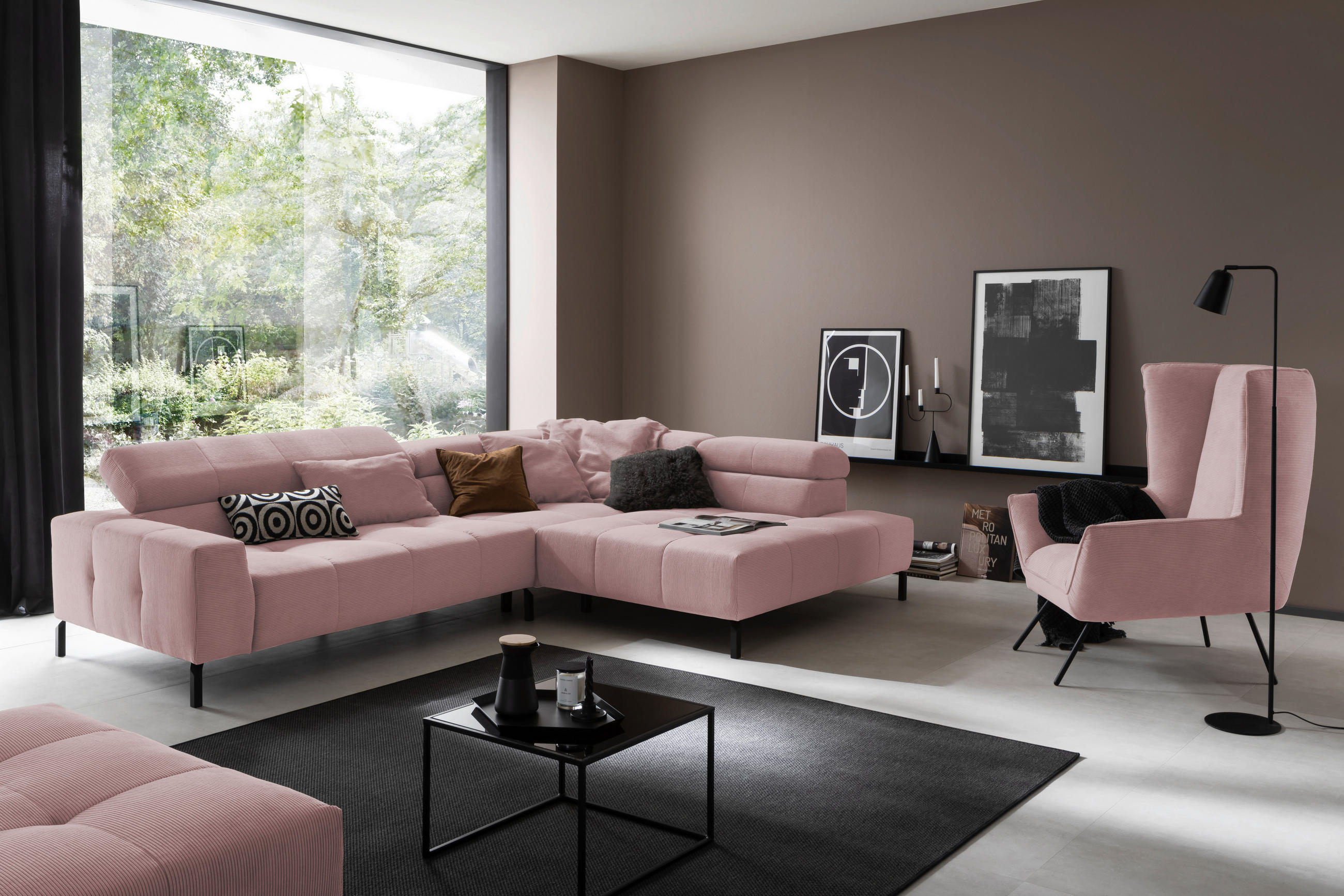 ECKSOFA in Feincord Altrosa  - Schwarz/Altrosa, Konventionell, Textil/Metall (311/219cm) - Hom`in