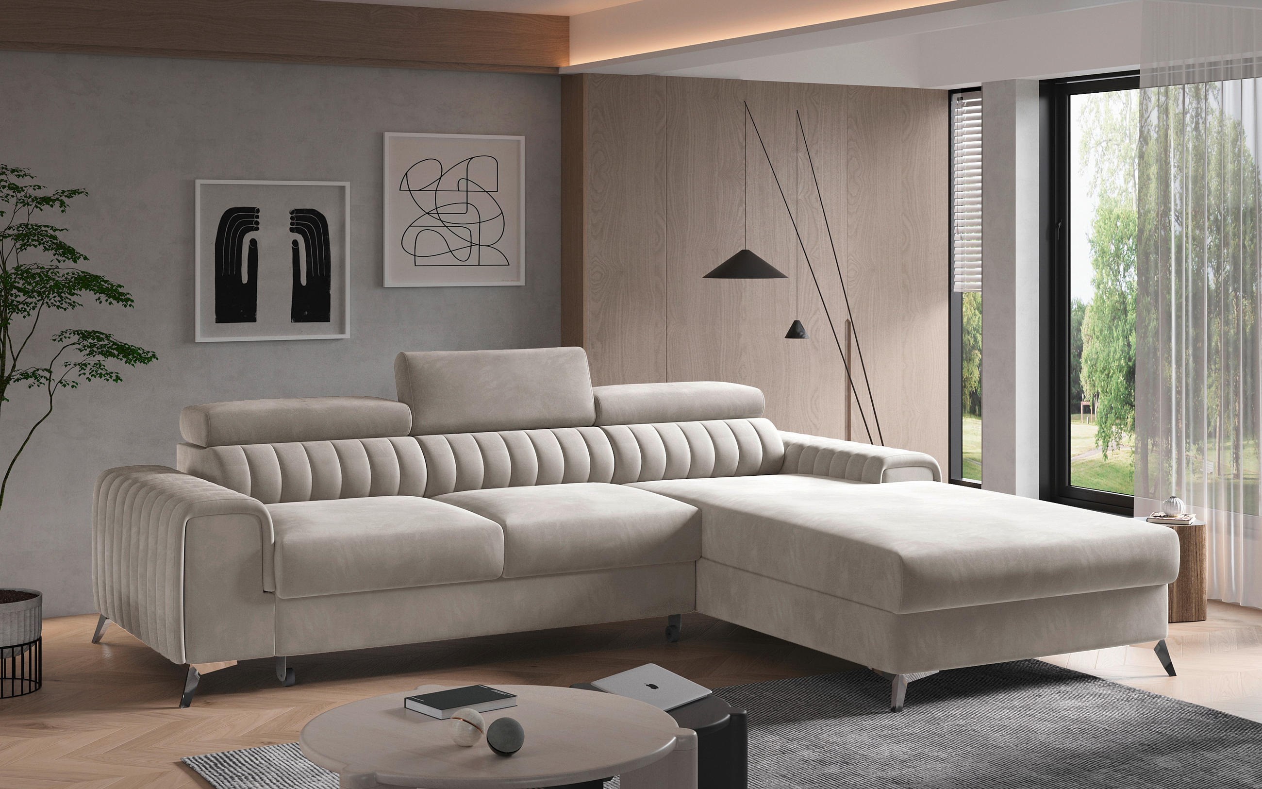 ECKSOFA in Samt Beige  278/205 cm  - Beige/Silberfarben, Design, Textil/Metall (278/205cm) - MID.YOU
