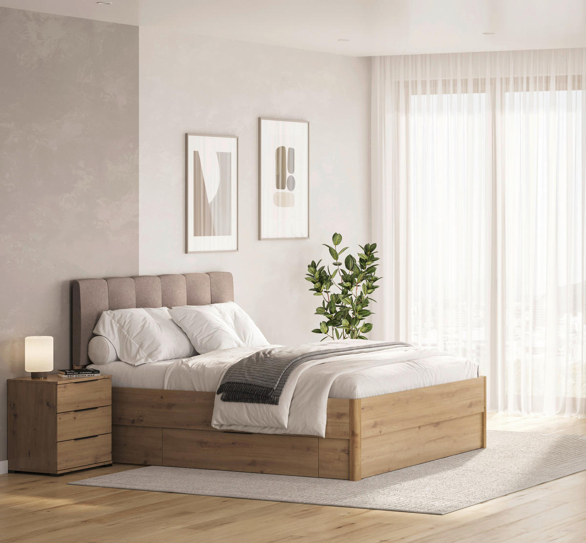 POSTEĽ, 120/200 cm dub artisan - dub artisan/taupe, Konventionell, kompozitné drevo/textil (120/200cm) - Boxxx
