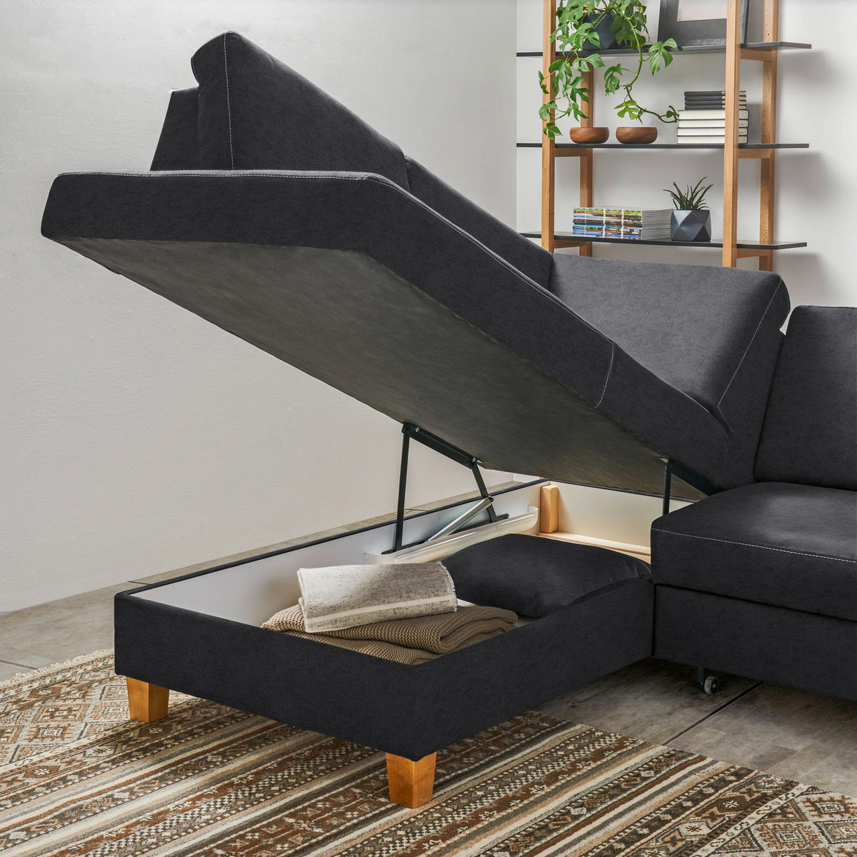 ECKSOFA in Flachgewebe Dunkelgrau  - Eichefarben/Dunkelgrau, Design, Holz/Textil (185/253cm) - Cantus