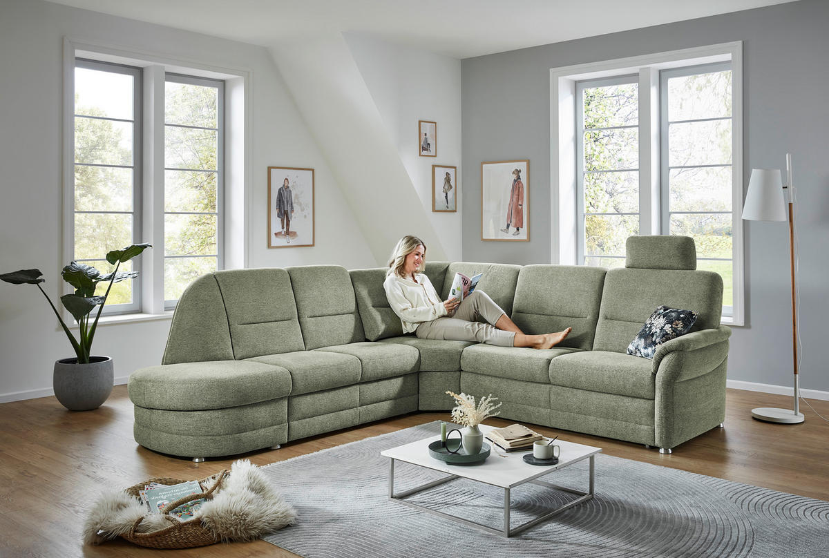 ECKSOFA  in Makramee Grün  - Alufarben/Grün, KONVENTIONELL, Textil/Metall (273/253cm) - Beldomo Comfort