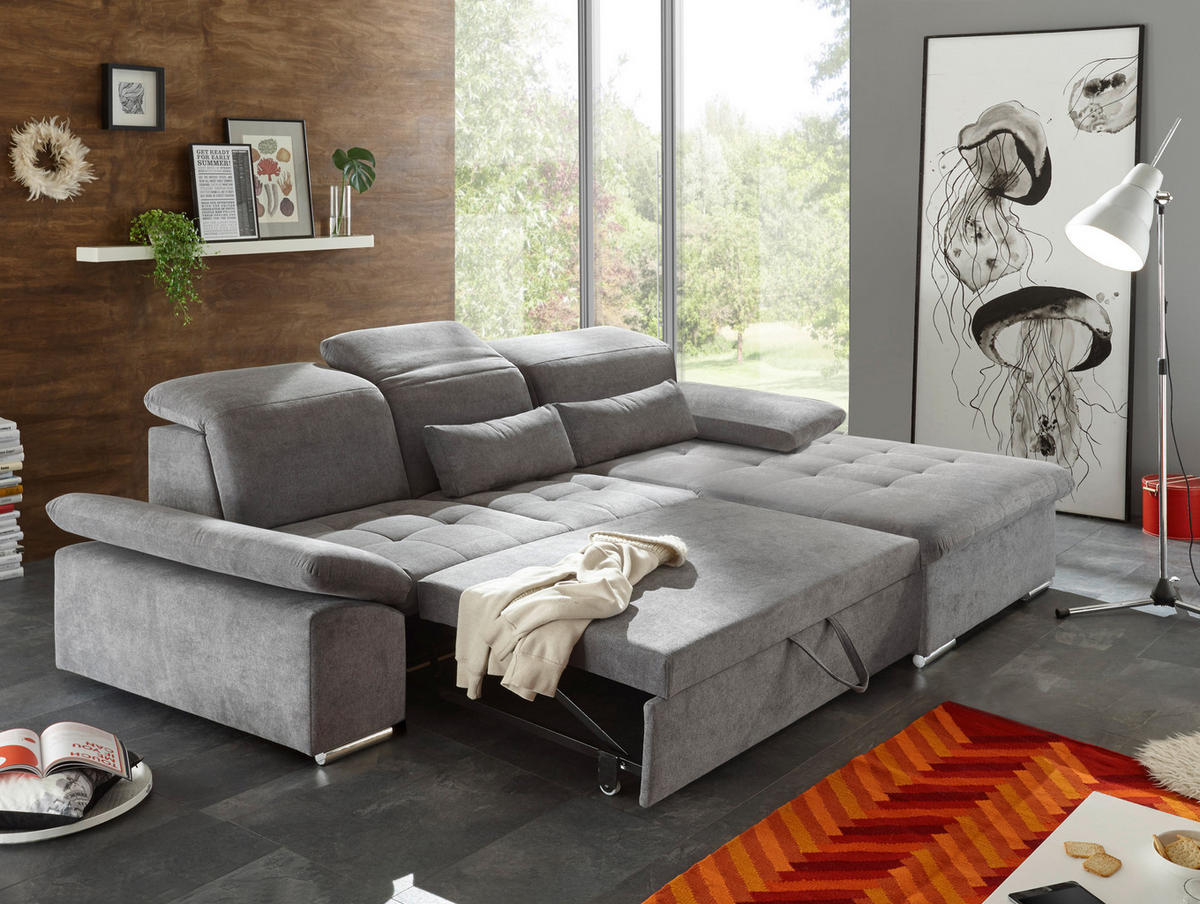 ECKSOFA Grau Mikrovelours  - Silberfarben/Grau, KONVENTIONELL, Kunststoff/Textil (276/188cm) - MID.YOU