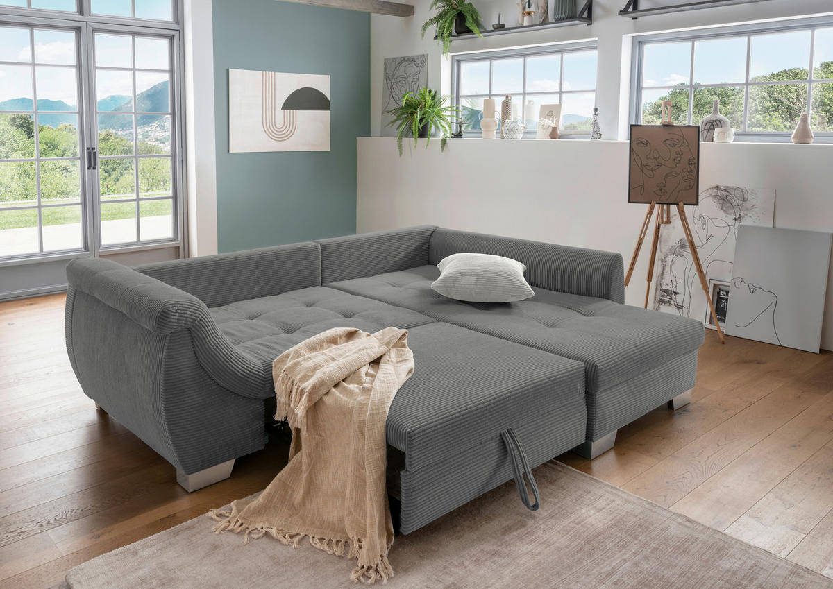 ECKSOFA Grau Cord  - Silberfarben/Grau, Design, Holz/Textil (250/190cm) - MID.YOU