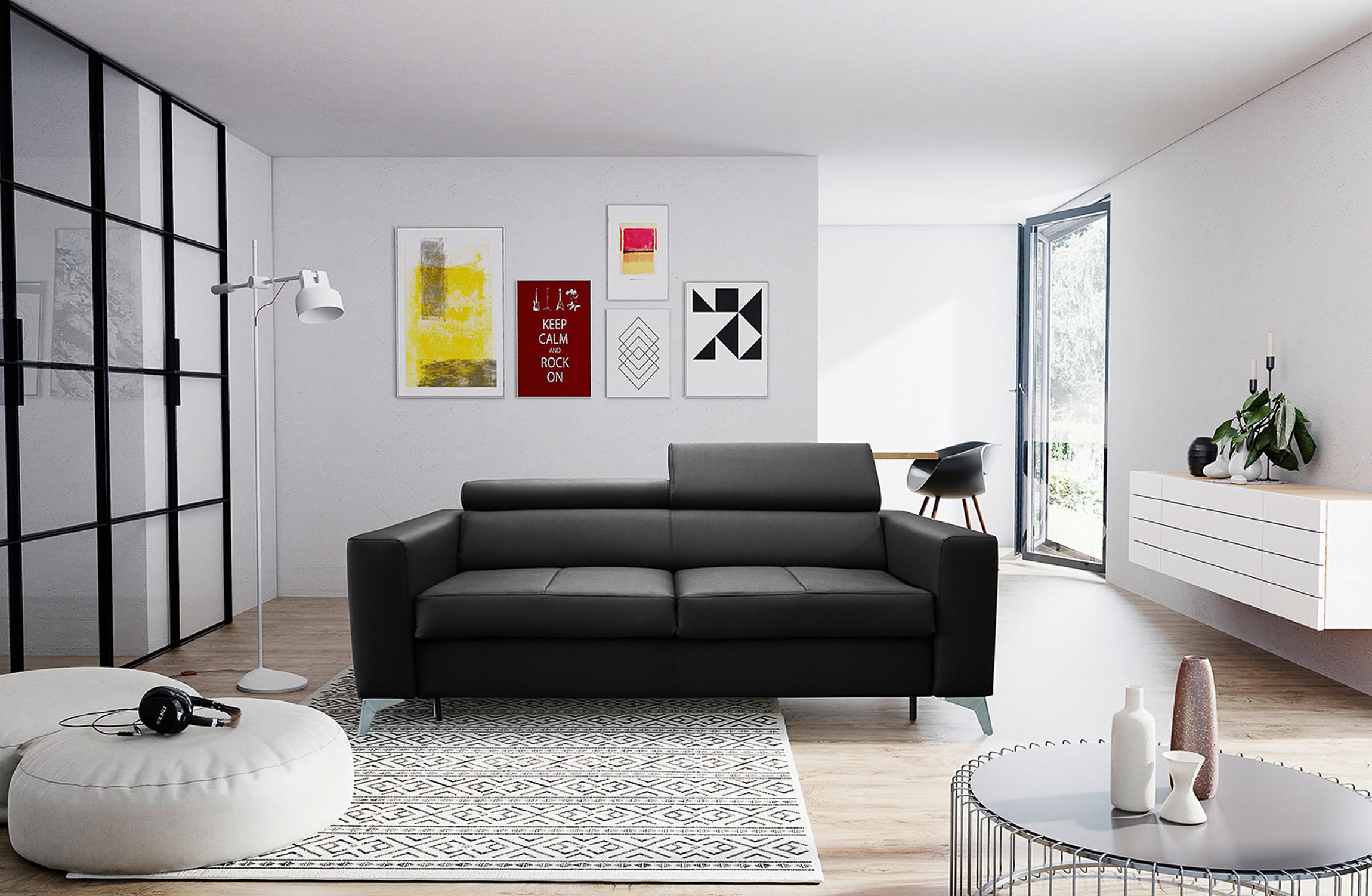 SCHLAFSOFA in Lederlook Echtleder Schwarz  - Silberfarben/Schwarz, Design, Leder/Textil (206/95/101cm) - Livetastic