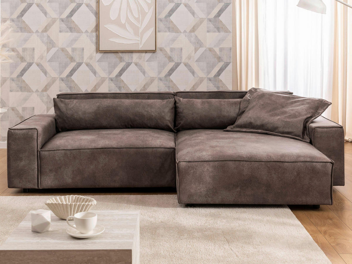 ECKSOFA Curduroy in Lederlook Graubraun Rückenkissen  251/142 cm  - Graubraun/Schwarz, Design, Kunststoff/Textil (251/142cm) - P & B