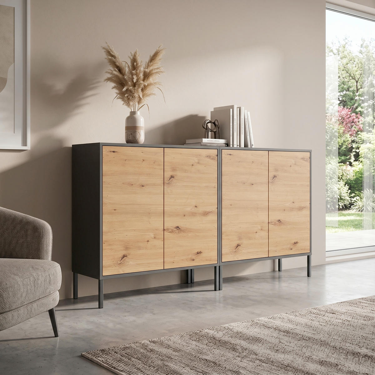 SIDEBOARD Mailand Set 2 + MF 158/86/33 cm  - Anthrazit/Eiche Artisan, MODERN, Holzwerkstoff/Metall (158/86/33cm) - MID.YOU