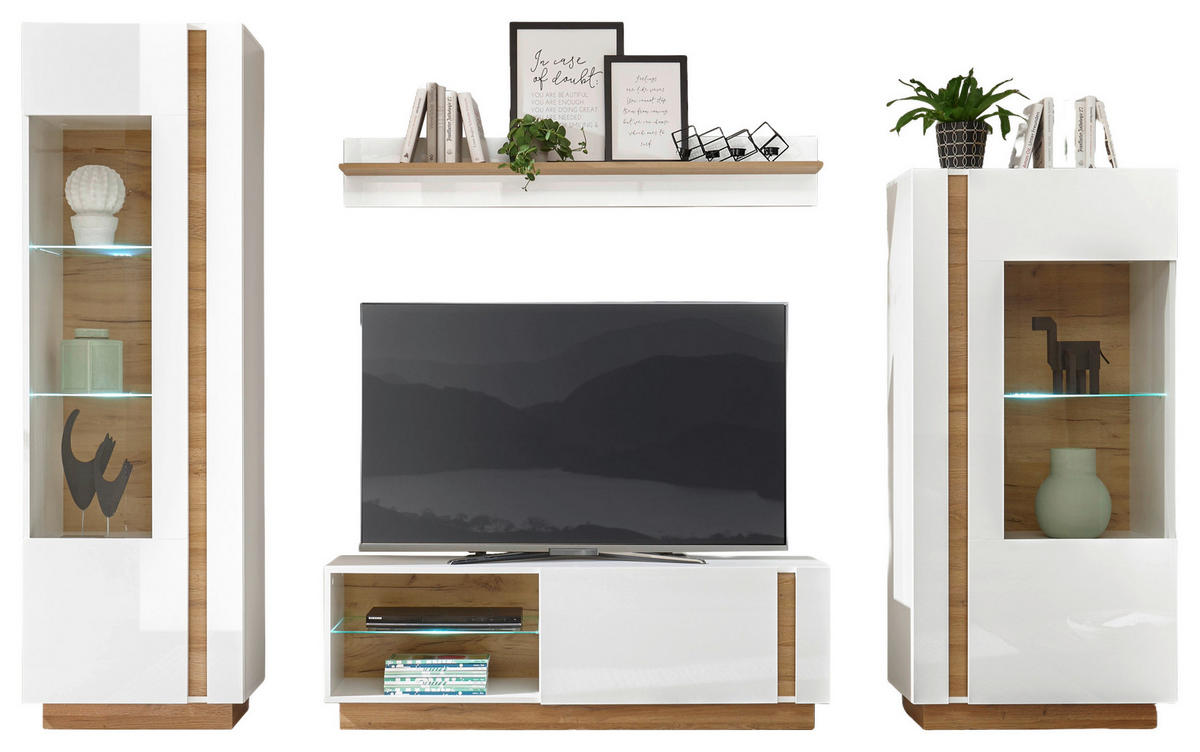 WOHNWAND - Eichefarben/Weiß, Design, Glas/Holzwerkstoff (290/194/40cm) - MID.YOU