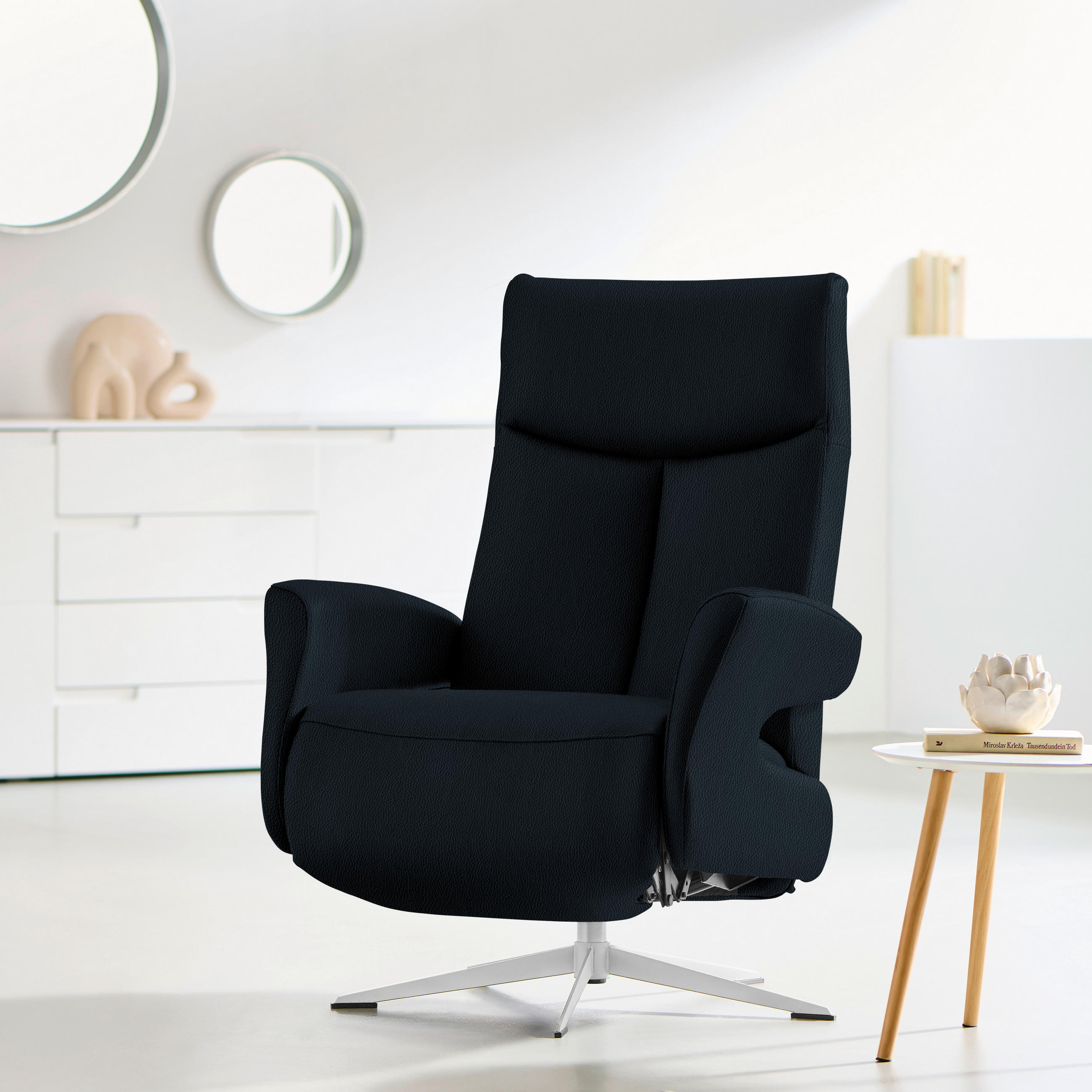 RELAXSESSEL Echtleder Relaxfunktion    - Chromfarben/Schwarz, Design, Leder/Metall (74/105/82cm) - Welnova