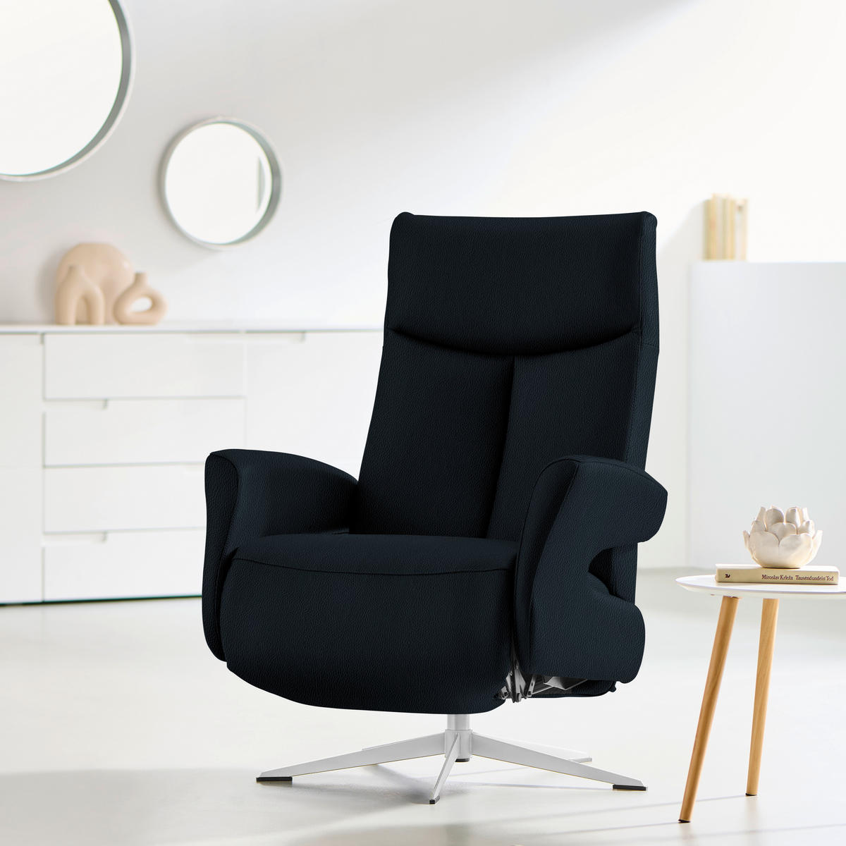 RELAXSESSEL in Leder Schwarz  - Chromfarben/Schwarz, Design, Leder/Metall (74/105/82cm) - Welnova