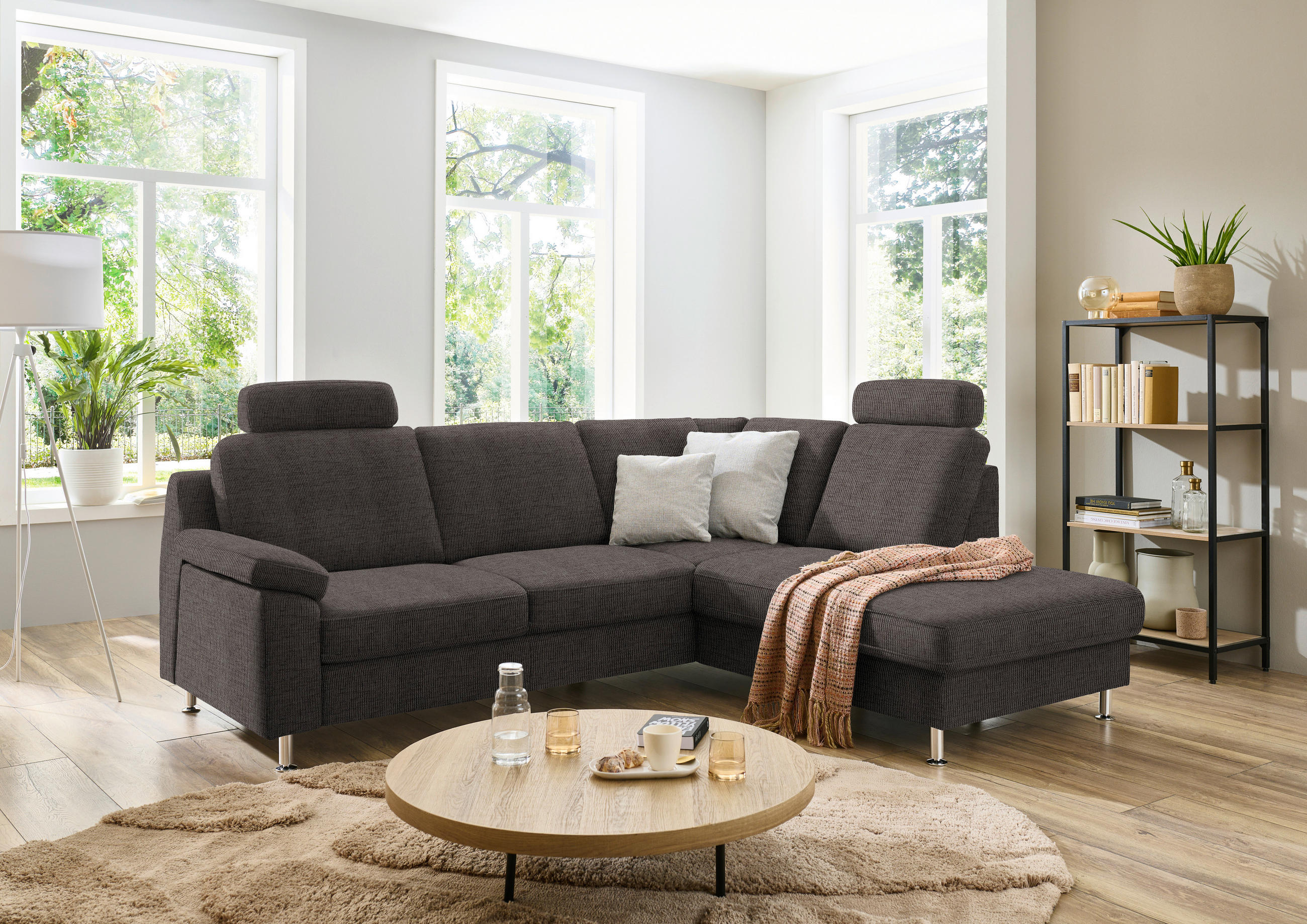 ECKSOFA in Webstoff Dunkelbraun  - Dunkelbraun/Alufarben, Konventionell, Textil/Metall (241/200cm) - Beldomo System