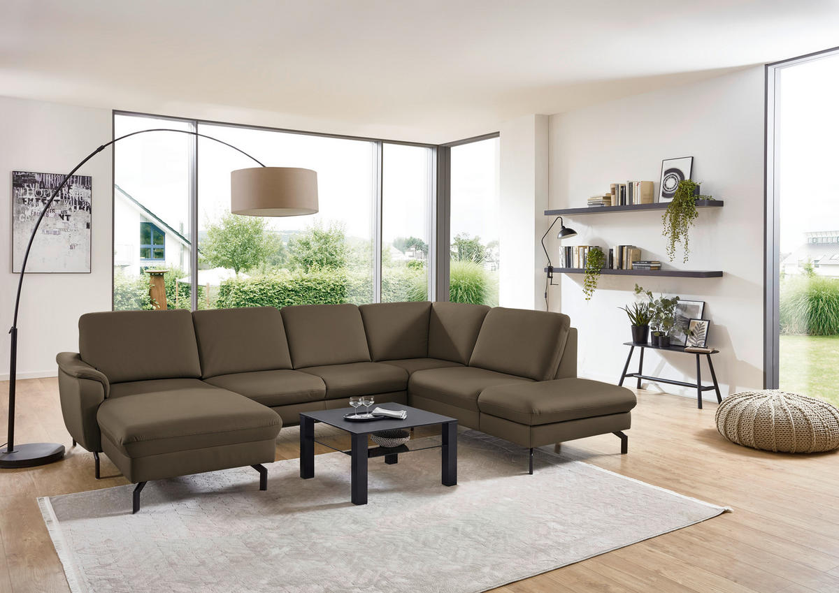 WOHNLANDSCHAFT Echtleder Graubraun  - Graubraun/Schwarz, Konventionell, Leder/Metall (168/306/224cm) - Beldomo Premium