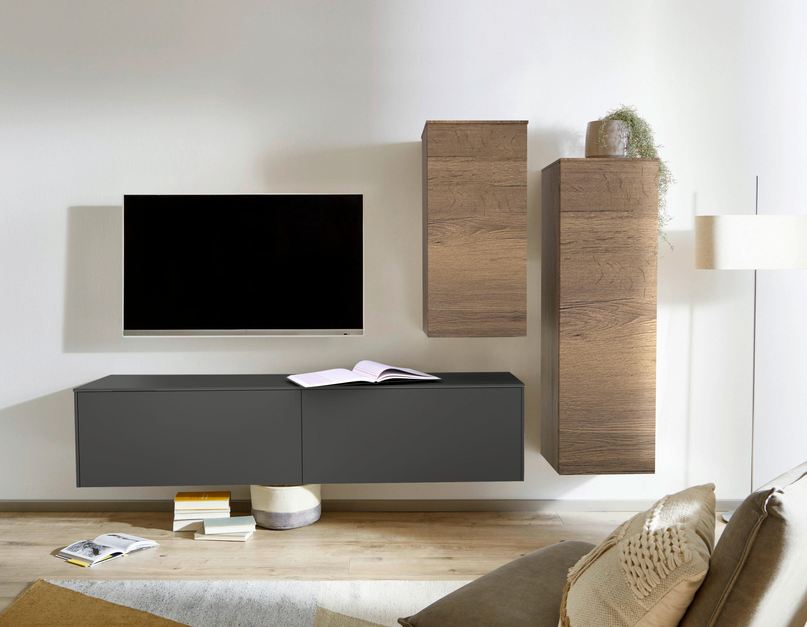 WOHNWAND 3-teilig  in Anthrazit, Eichefarben, Schieferfarben  234/174/37 cm  - Schieferfarben/Eichefarben, Design, Holzwerkstoff (234/174/37cm) - Celina Home